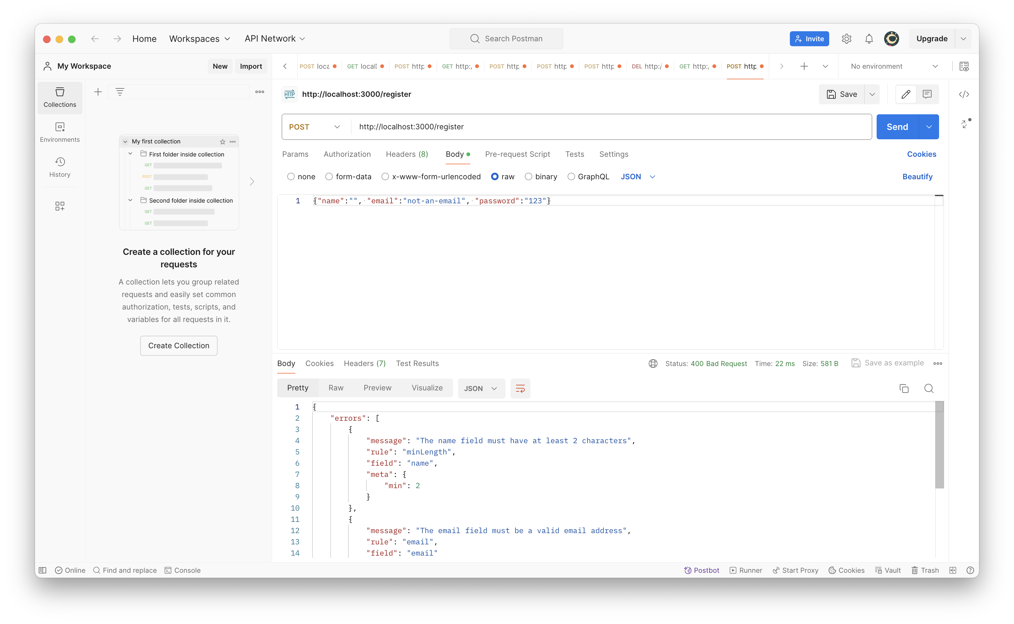 Screenshot showing postman error response