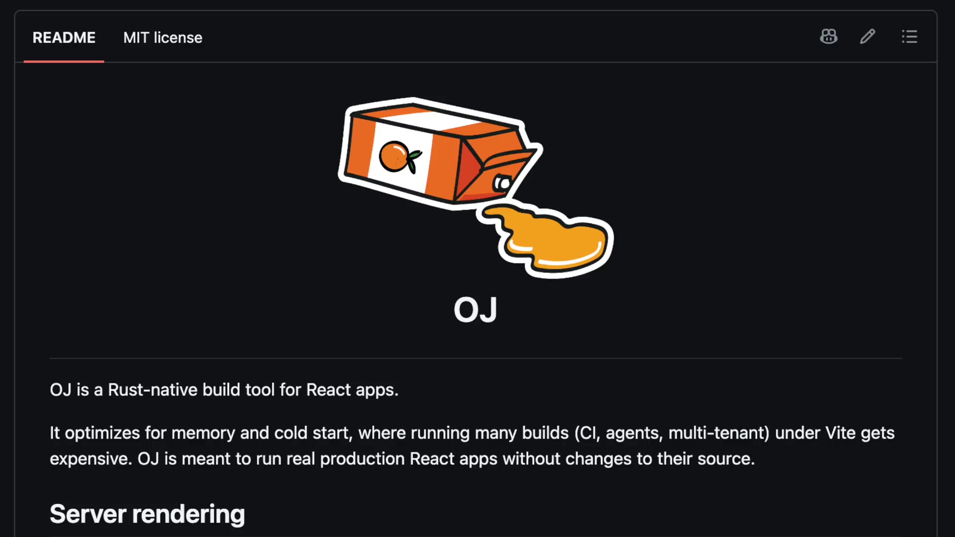 The OJ GitHub repository page, showing the project's orange juice carton logo and its tagline as a "Rust-native build tool for React apps."