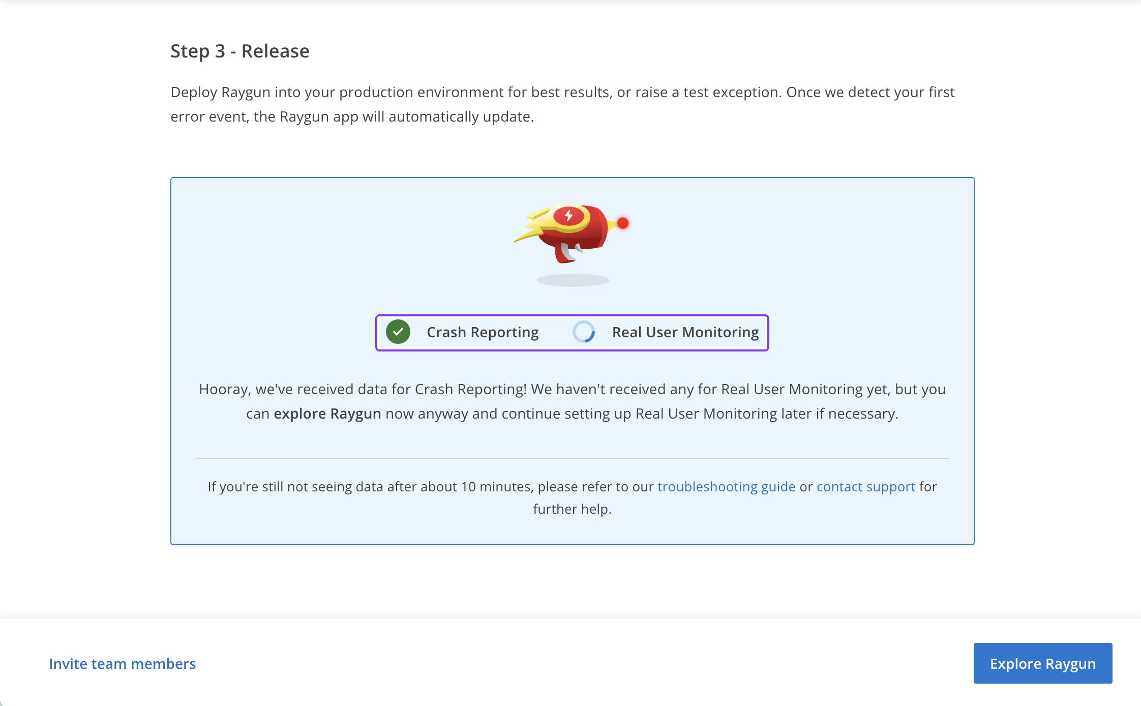 Raygun onboarding waiting for Real User Monitoring data