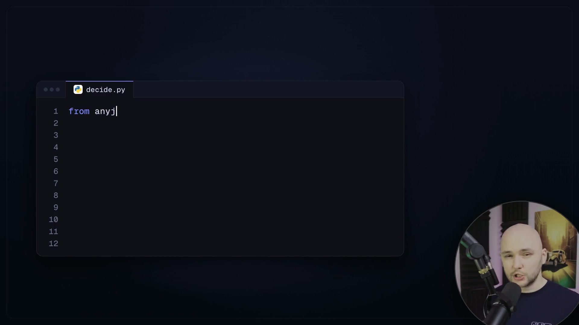 A code snippet demonstrating the basic implementation of AnyJev, from importing the backend to getting a decision.