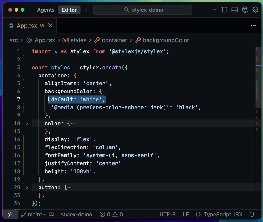 The generated CSS file shows individual atomic classes, demonstrating the core principle of StyleX's build-time compilation.