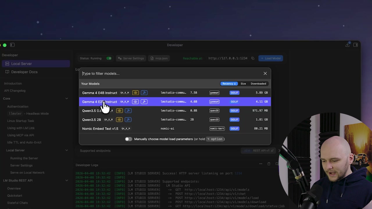 Local server setup in LM Studio showing the loaded Gemma 4 model and server status
