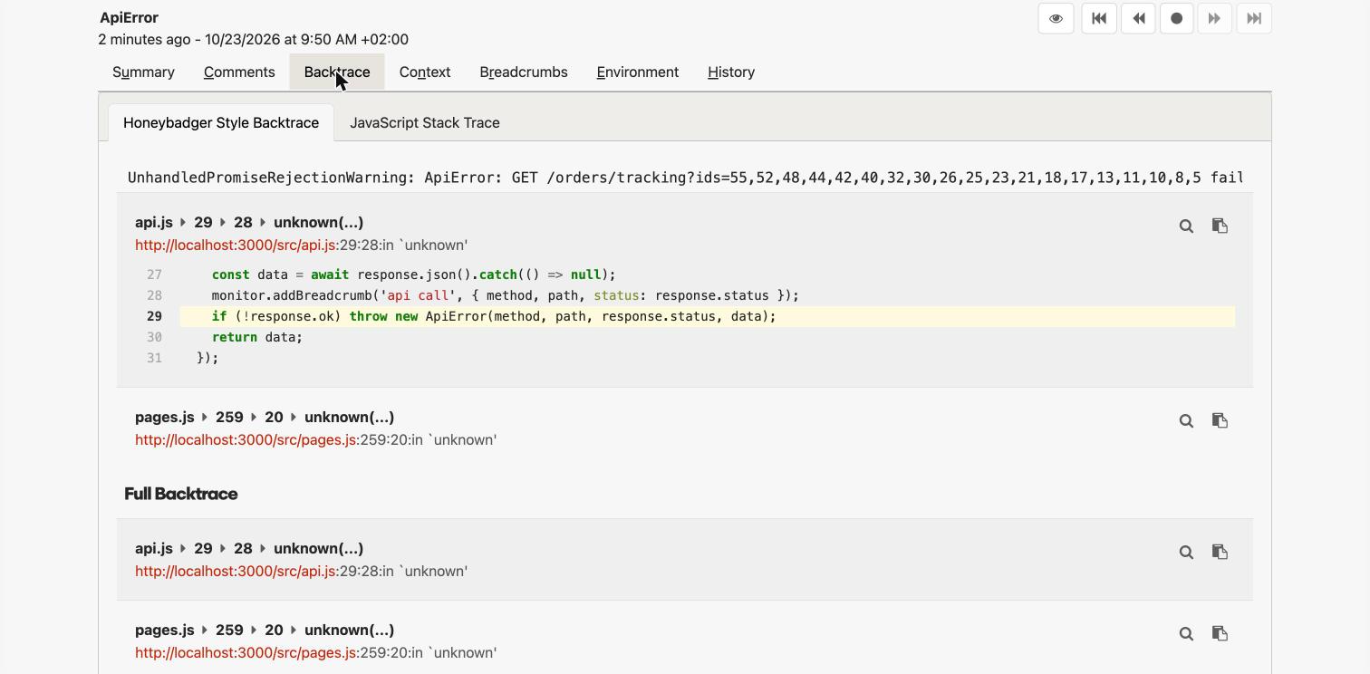 Honeybadger browser backtrace after source maps