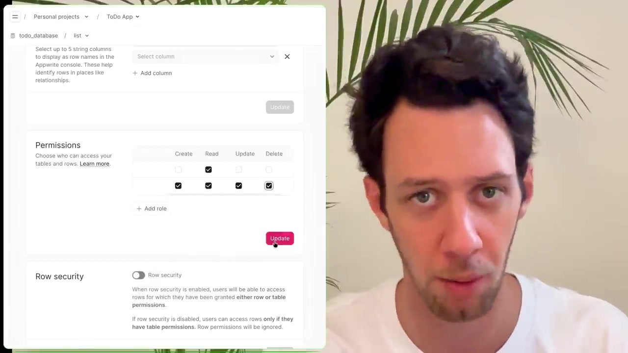 Permissions settings for a collection showing checkboxes for Create, Read, Update, and Delete for different user roles