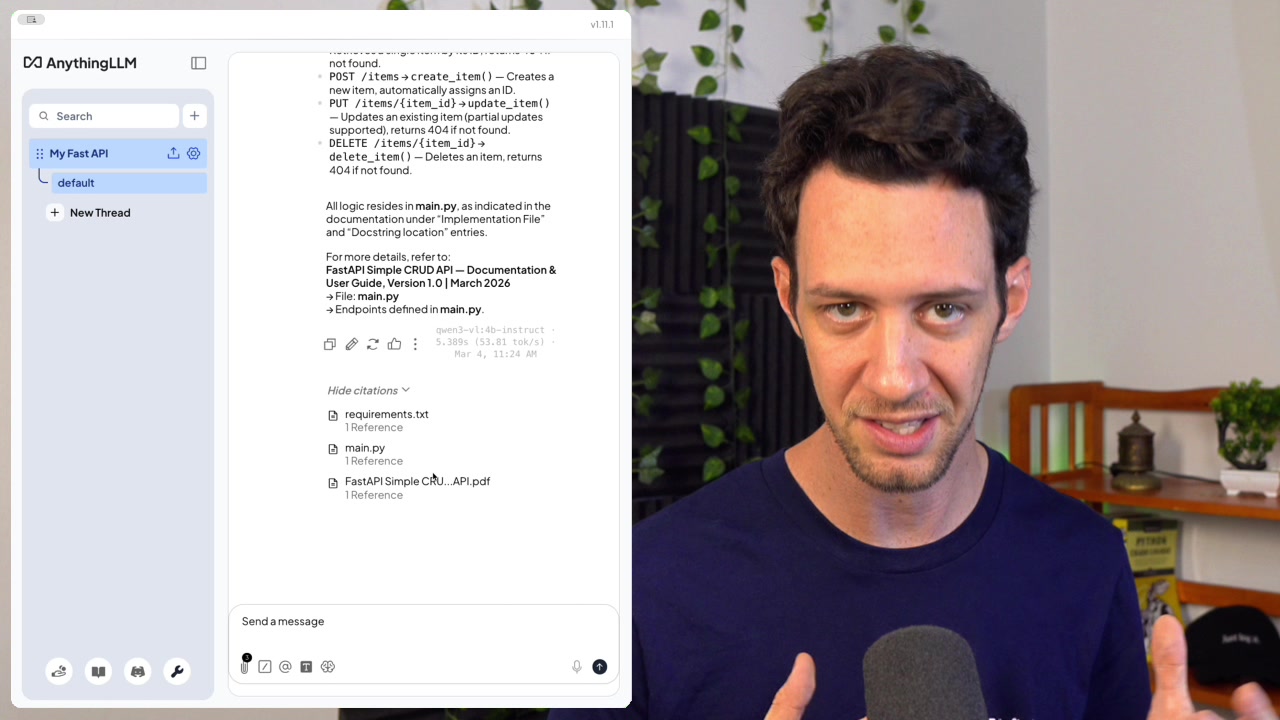 A chat response showing a detailed explanation of a FastAPI endpoint, with clickable citations at the bottom that link to the source documents.