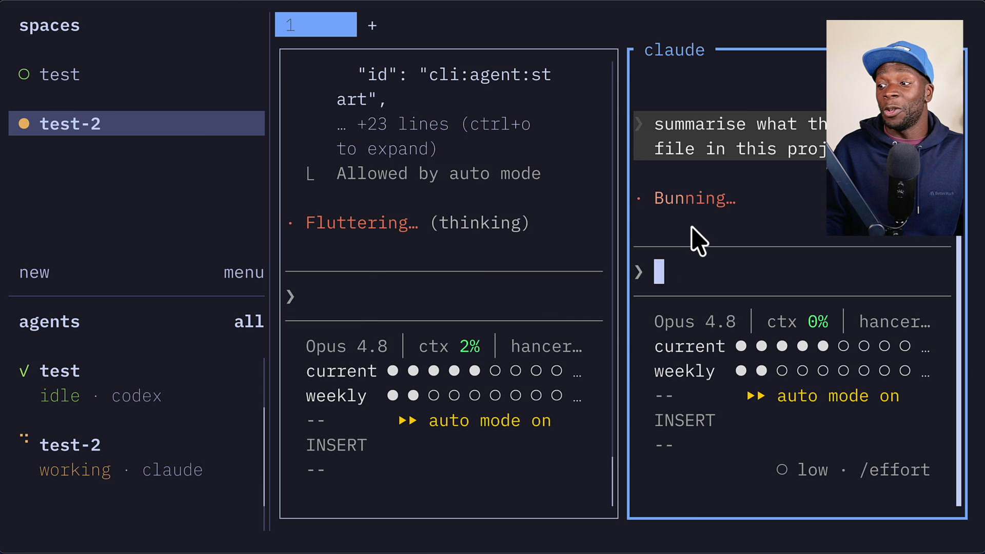 Claude using the Herdr CLI to create a vertical split and run commands in both panes simultaneously