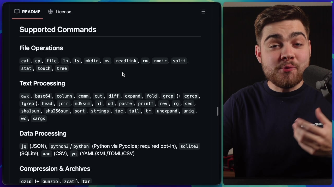 A list of supported commands from the `just-bash` documentation, categorized into File Operations, Text Processing, Data Processing, etc.