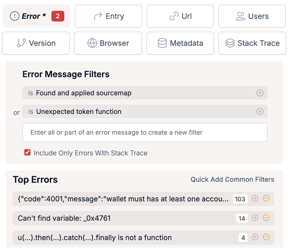 Screenshot of TrackJS error tracking