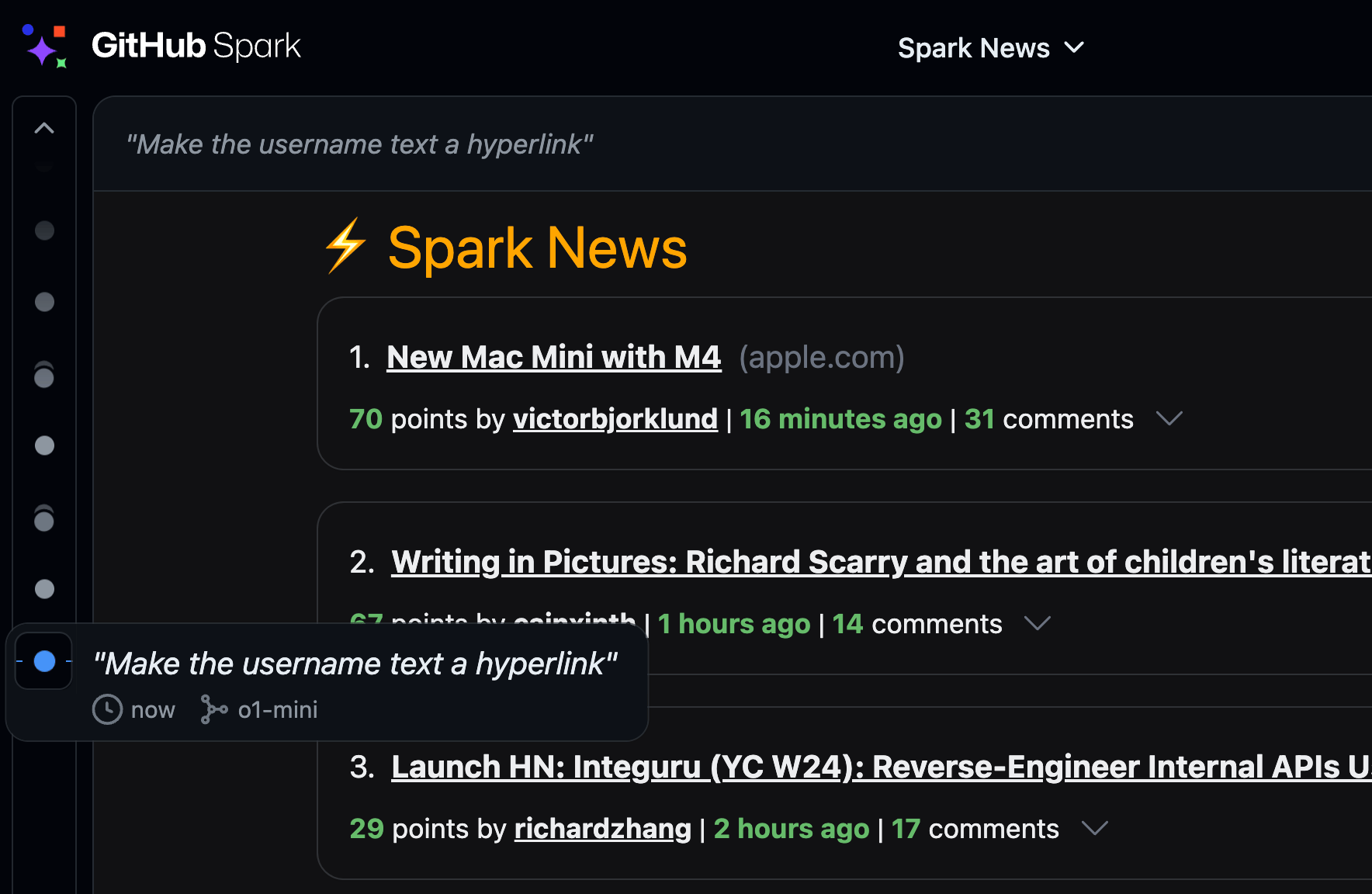 Screenshot of GitHub Spark's automatic history showing revision timeline