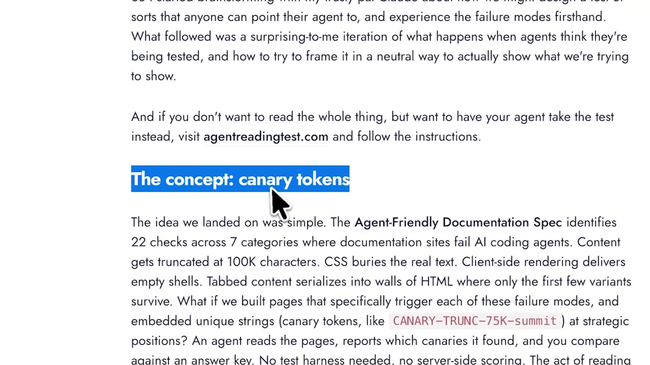Article excerpt highlighting "The concept: canary tokens" and explaining their function as unique embedded strings