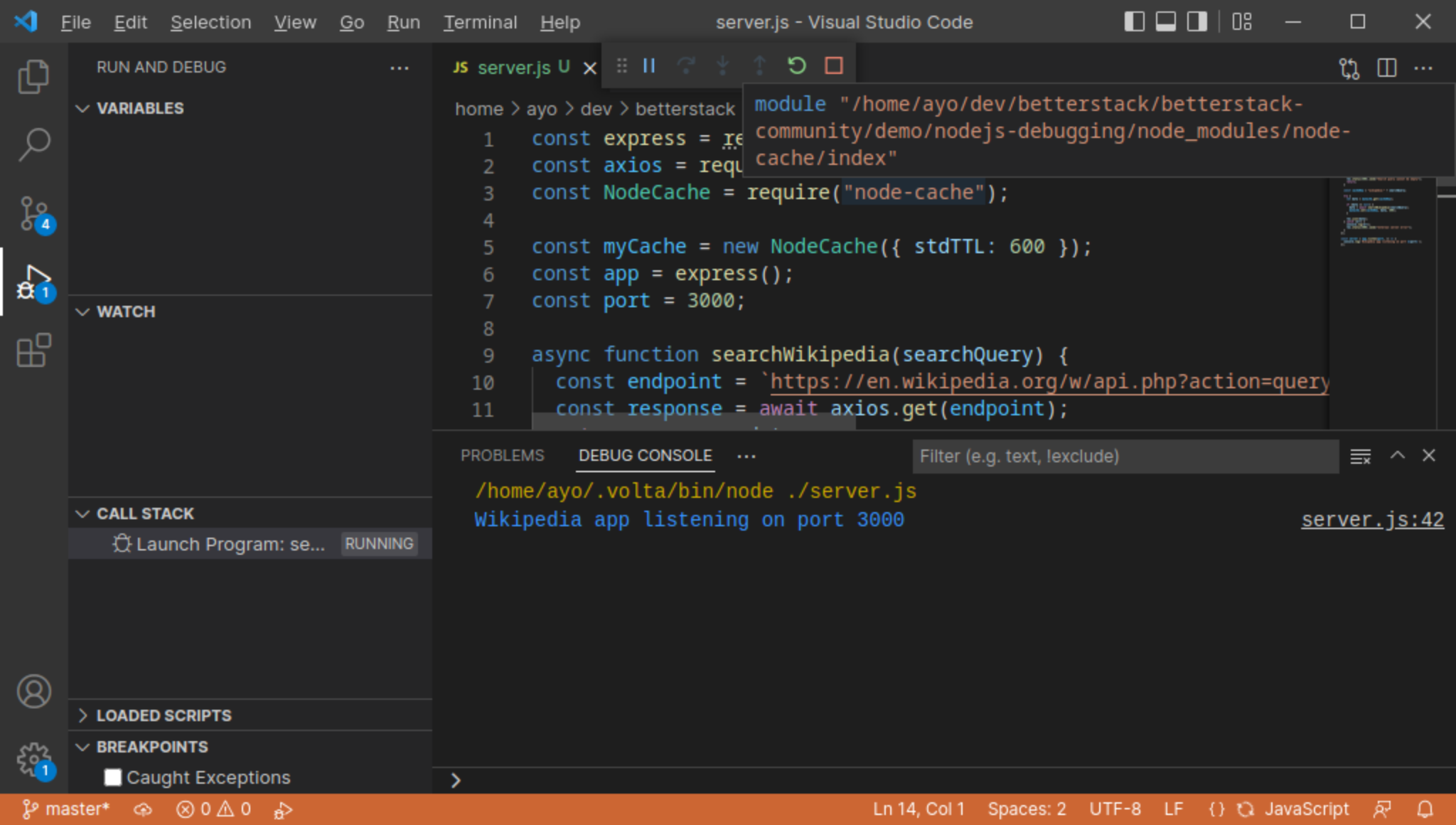 VS Code debugging session