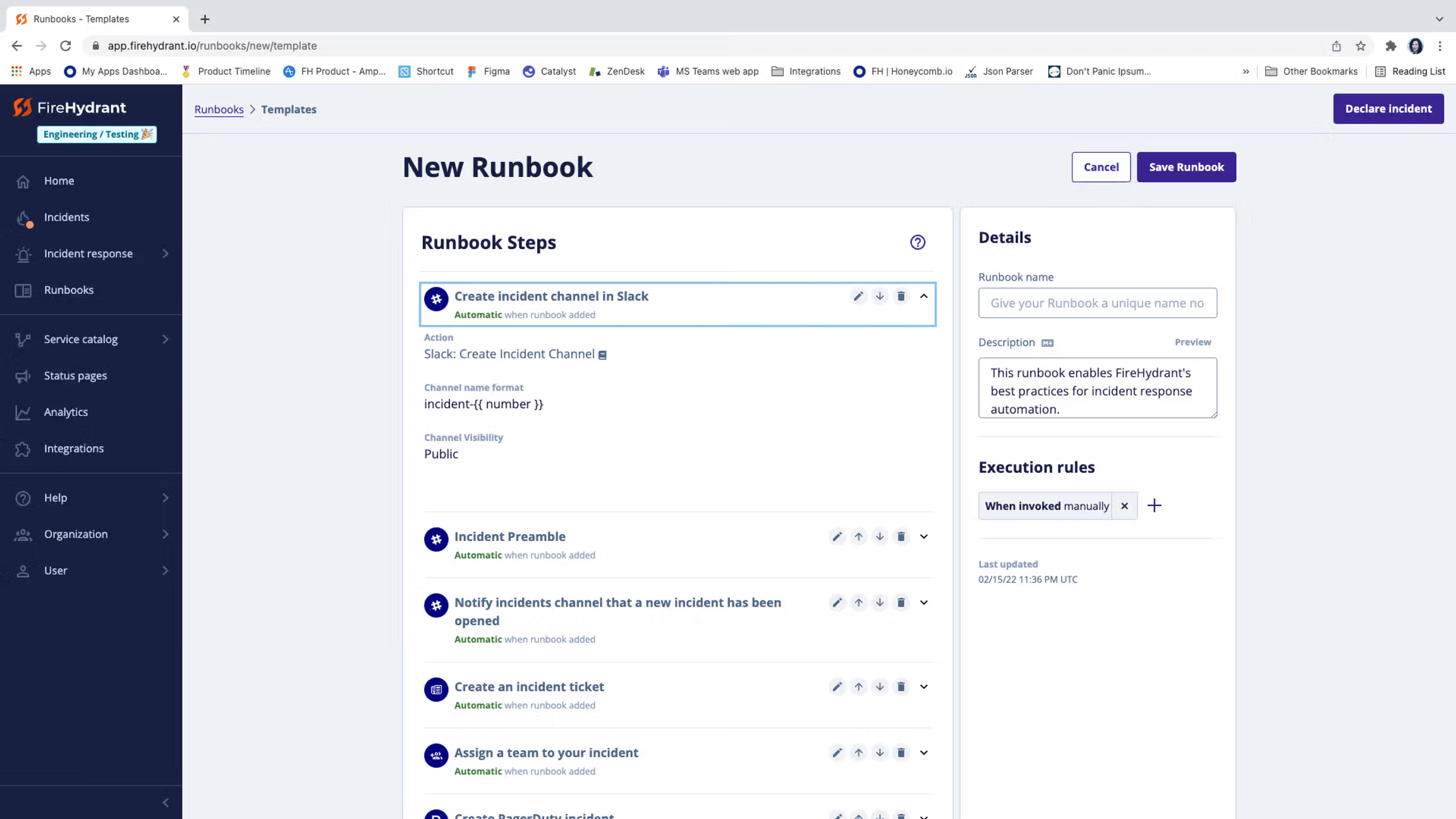 SCREENSHOT: FireHydrant runbook builder or automated incident workflow