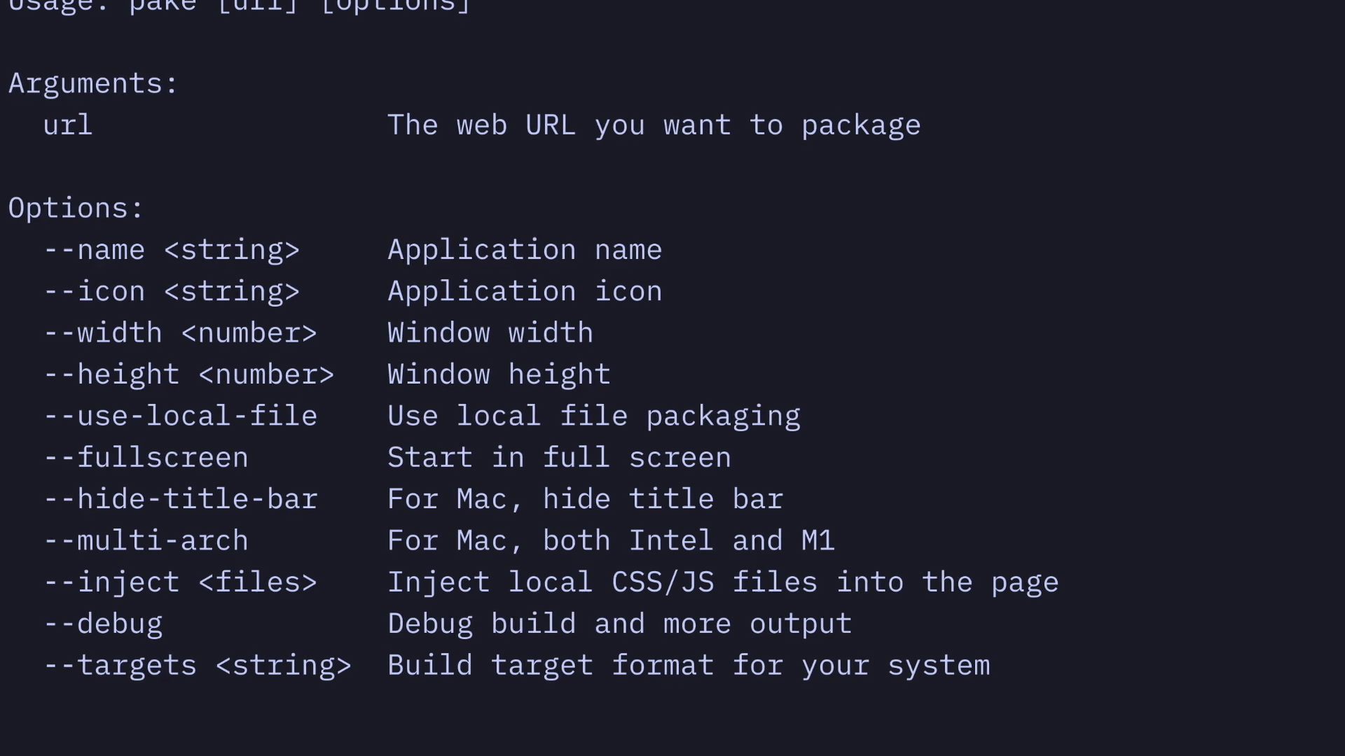 Terminal output of pake --help listing all available arguments and options