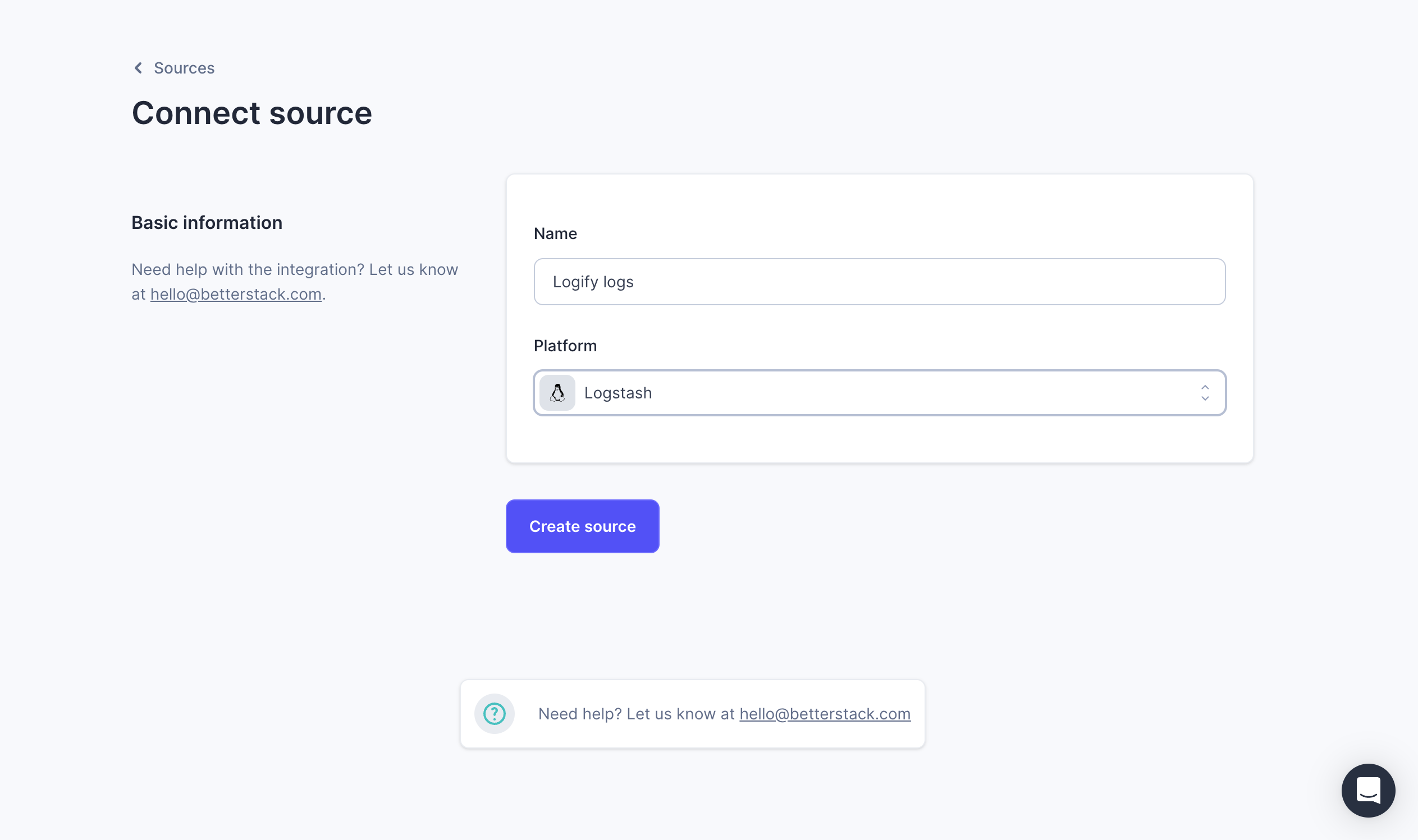 Screenshot showing the name field set to "Logify logs" and the Platform set to "Logstash"