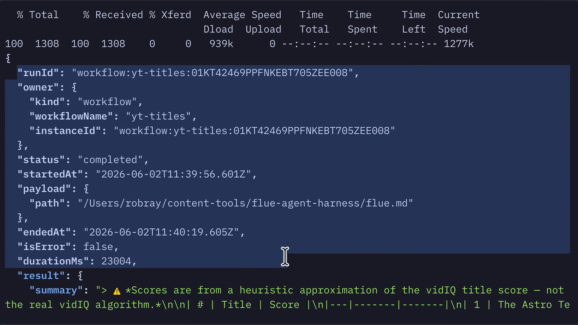 JSON response from a GET request showing the completed workflow status and the summary result with ranked titles