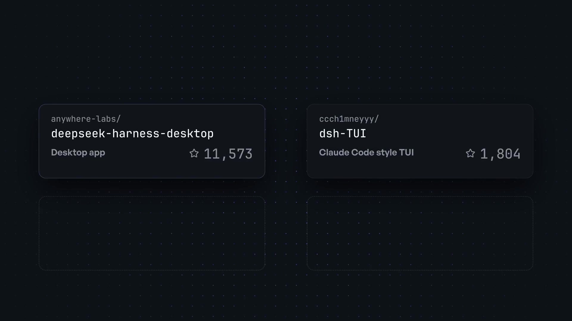 A slide showcasing four popular community-driven projects based on DeepSeek Harness, including the desktop app and a TUI.