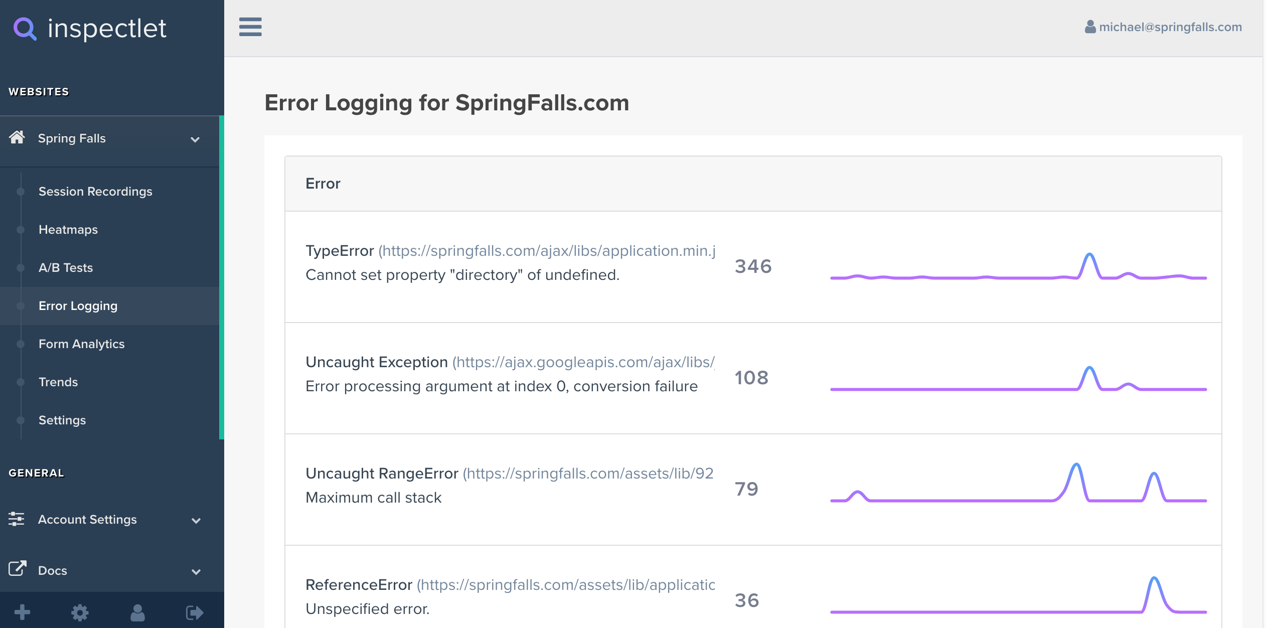 Screenshot of Inspectlet UI