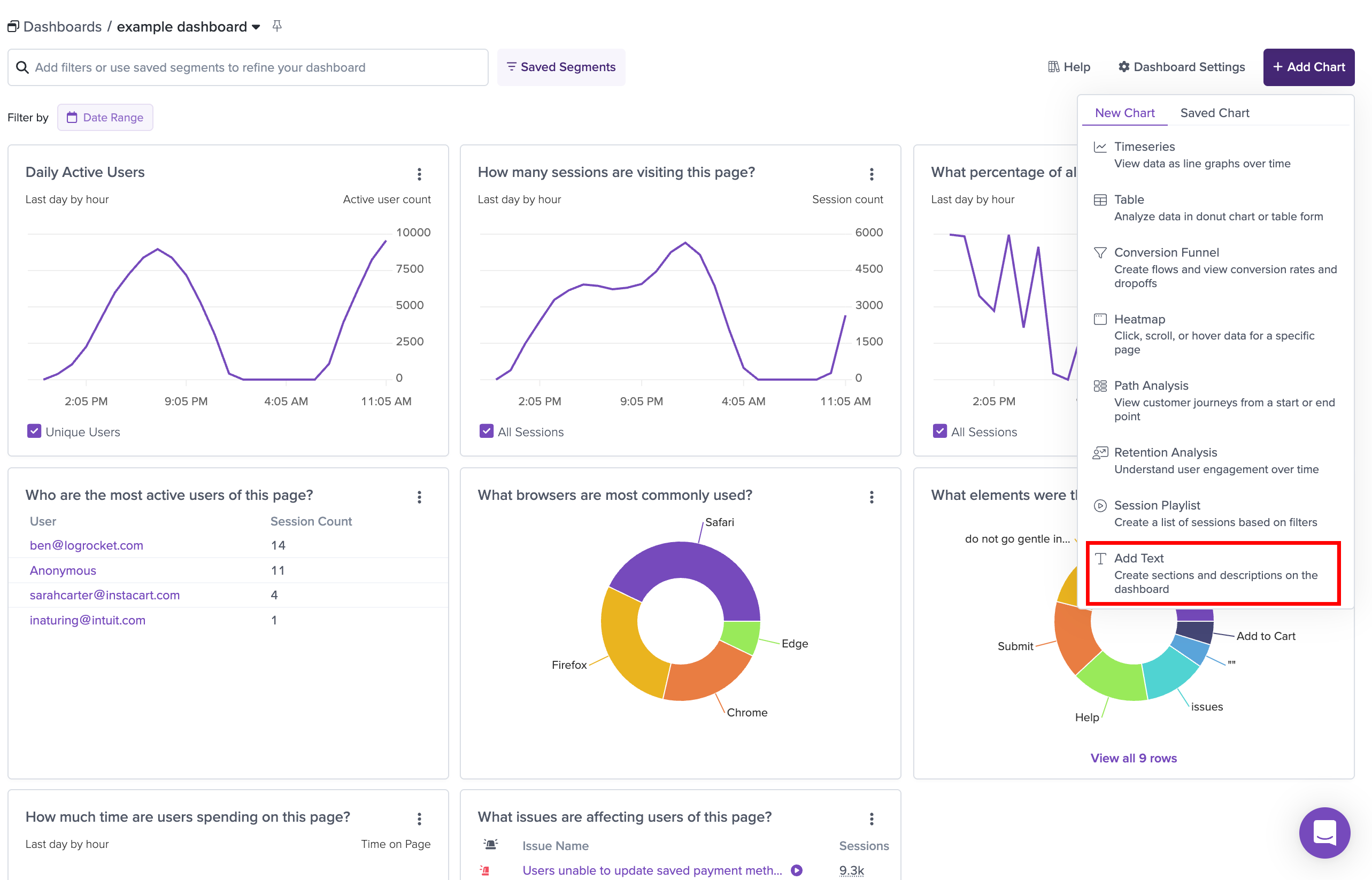 Screenshot of LogRocket dashboard