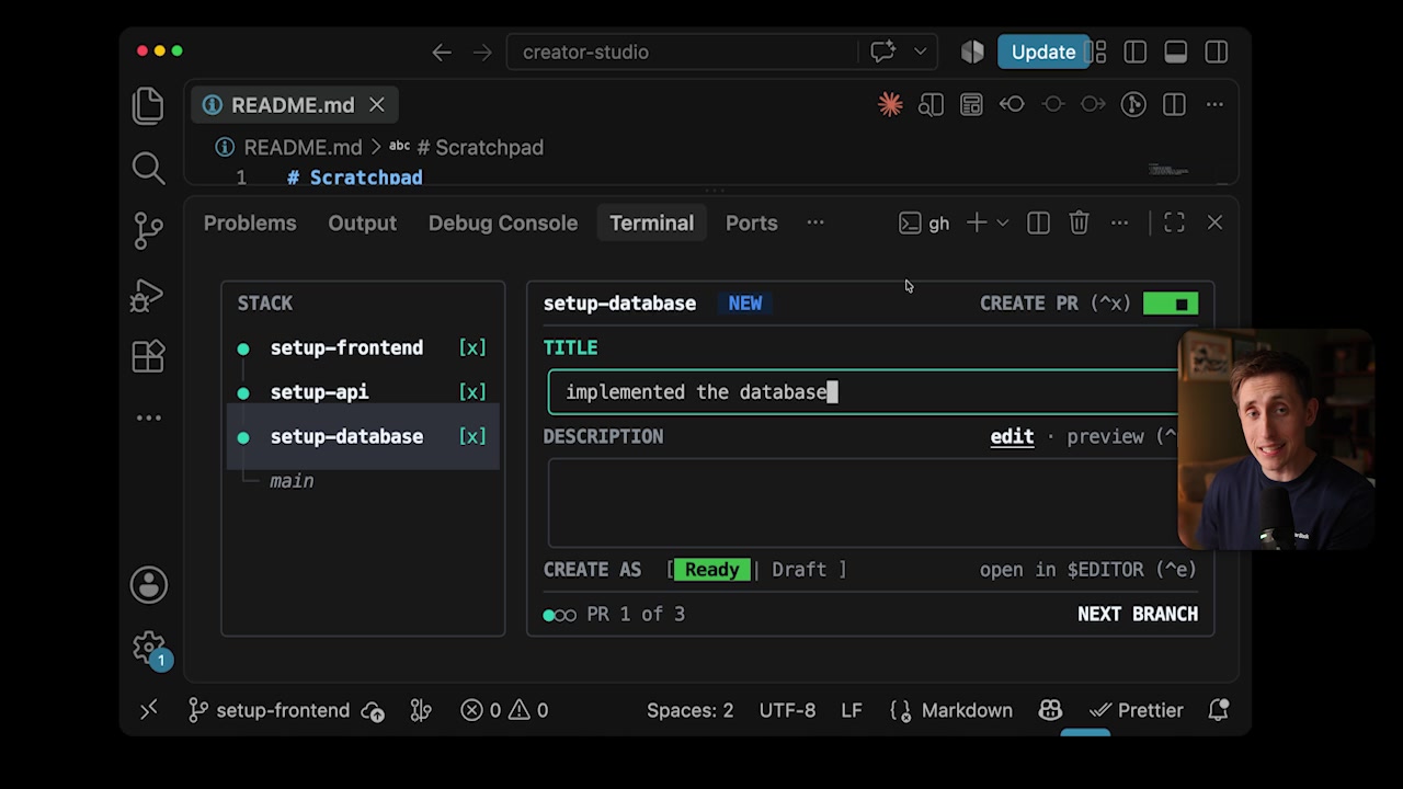 The interactive terminal UI provided by `gh stack submit`, showing the list of branches in the stack on the left and the title/description fields for the selected PR.