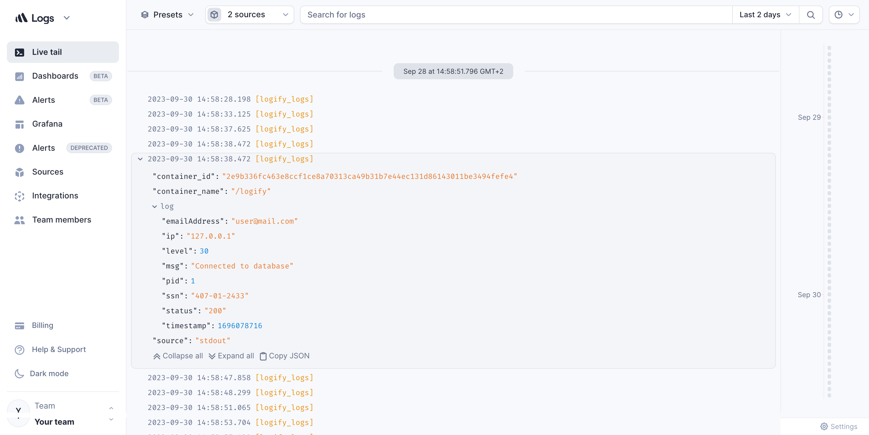 Screenshot displaying the log entries  uploading to Better Stack