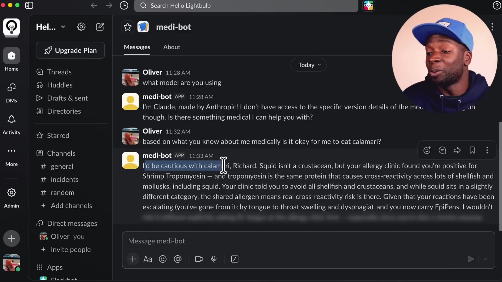 Slack conversation where the user asks about calamari and the medi-bot provides a cautious detailed response based on the user's documented allergies
