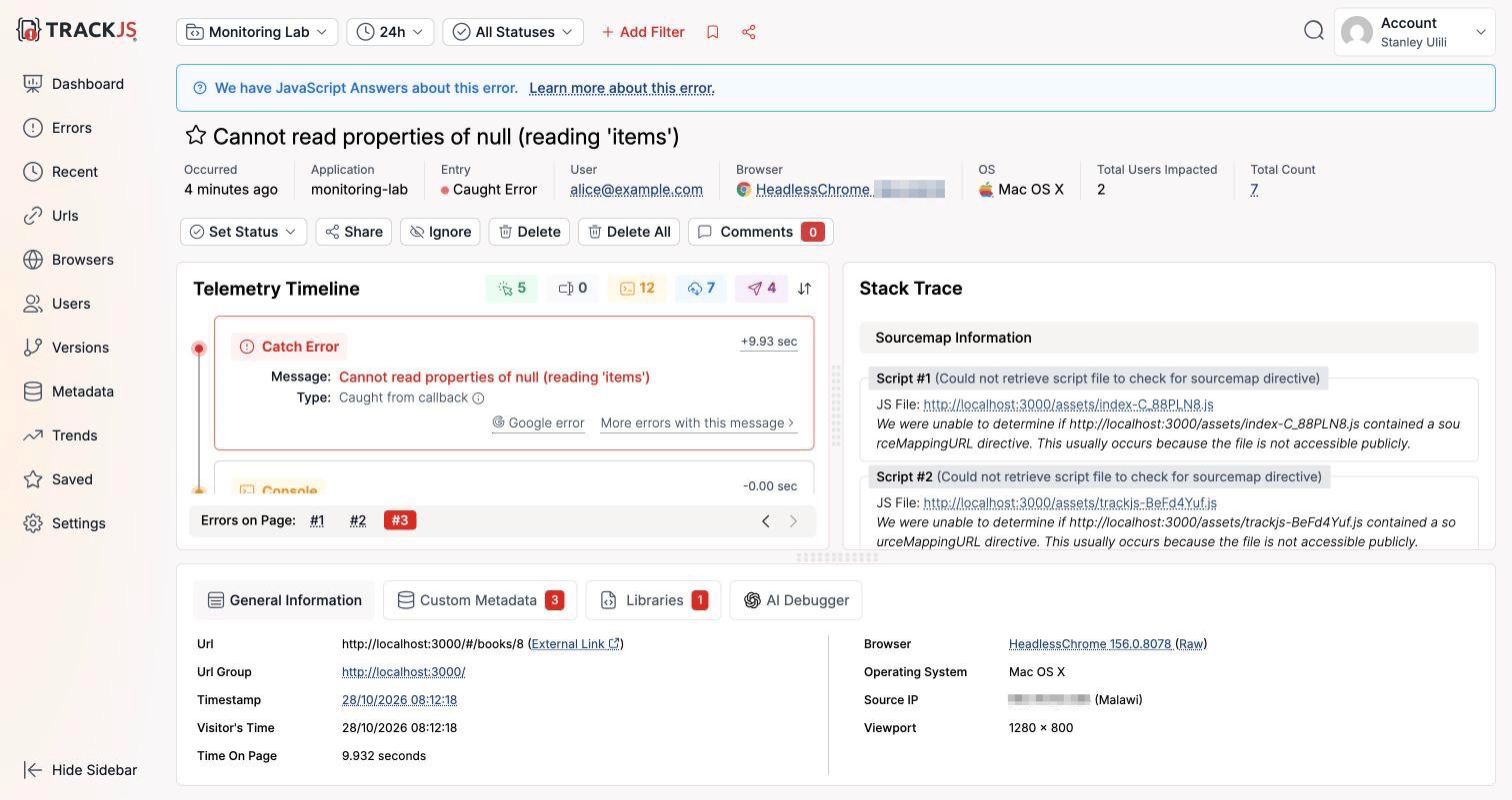 TrackJS source map information for a localhost script