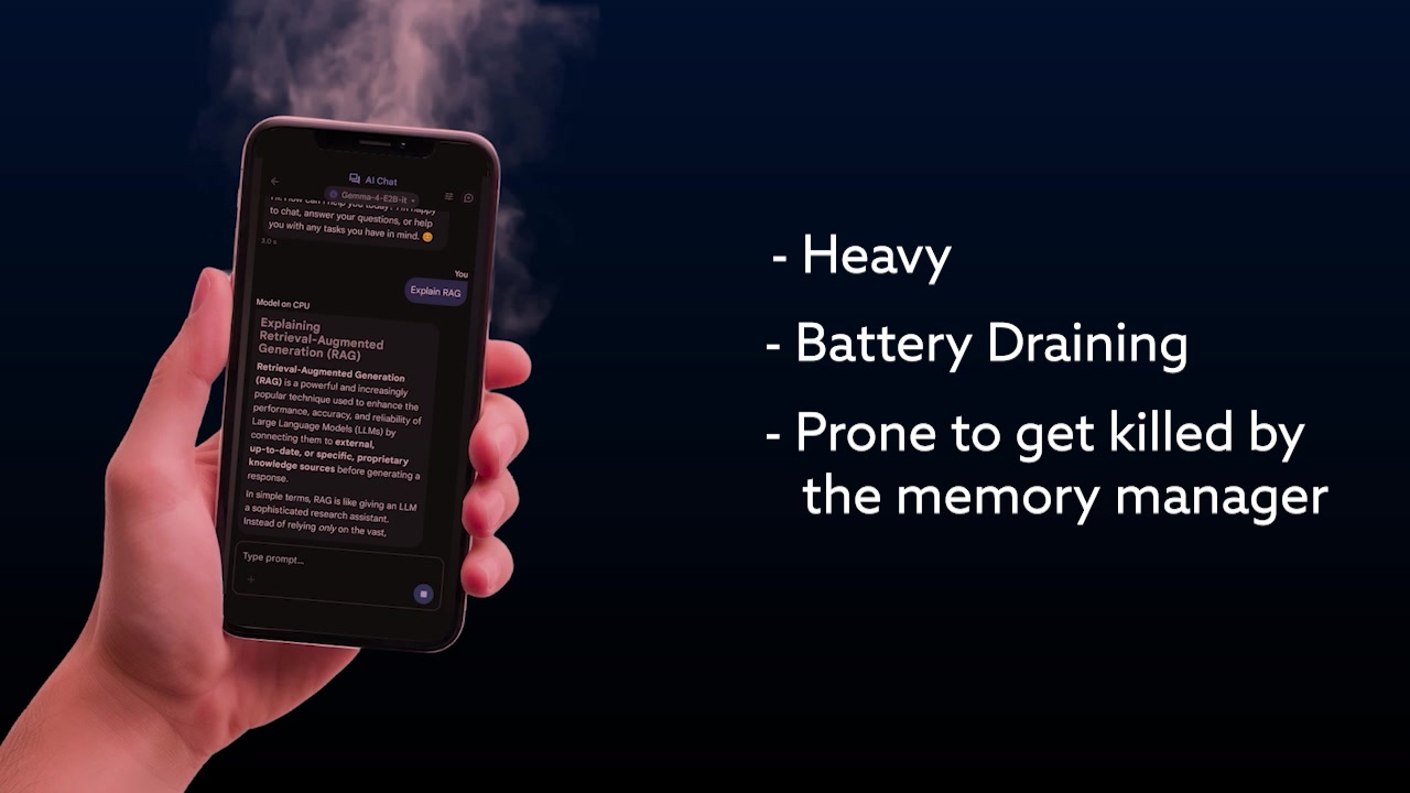 Smartphone overheating and displaying a dead battery icon illustrating problems from running heavy AI models on-device
