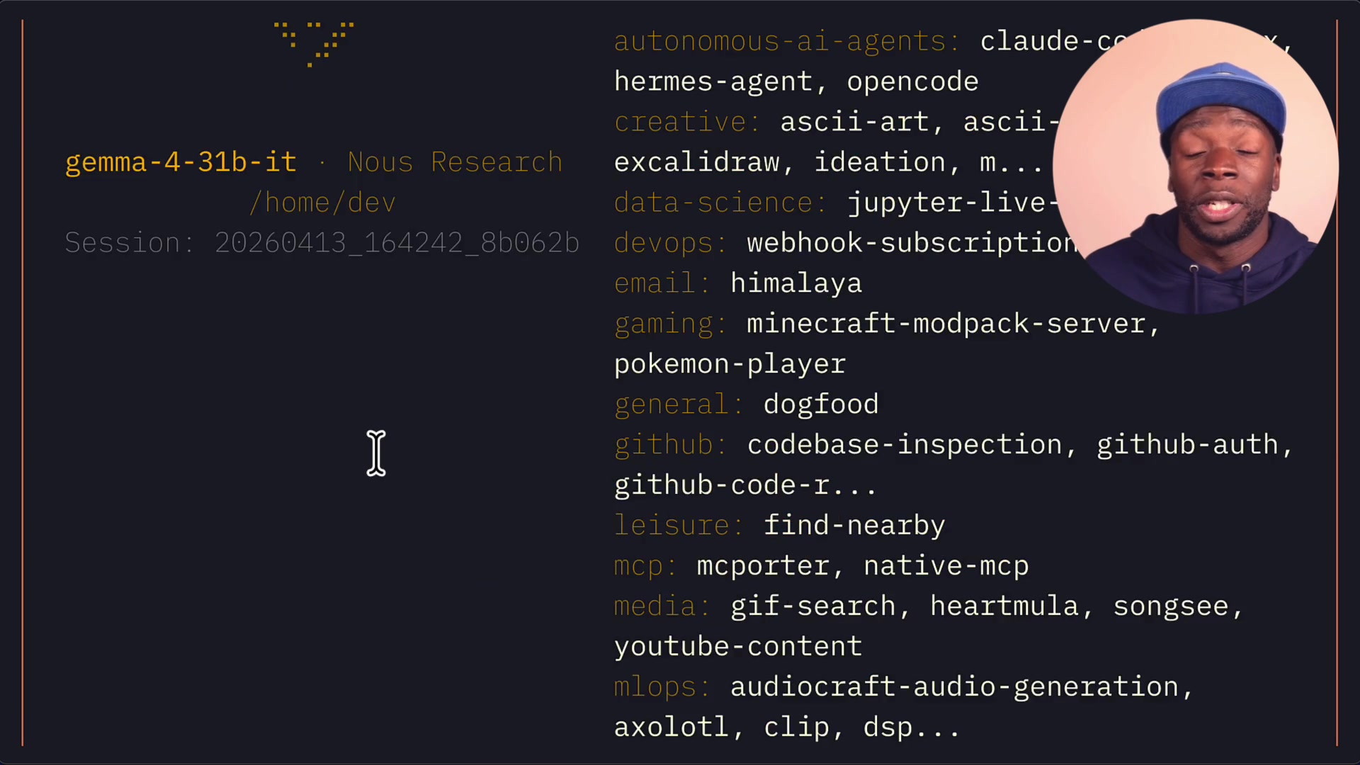 Hermes agent initial welcome screen in the terminal showing the Caduceus symbol and a list of available tools and skills