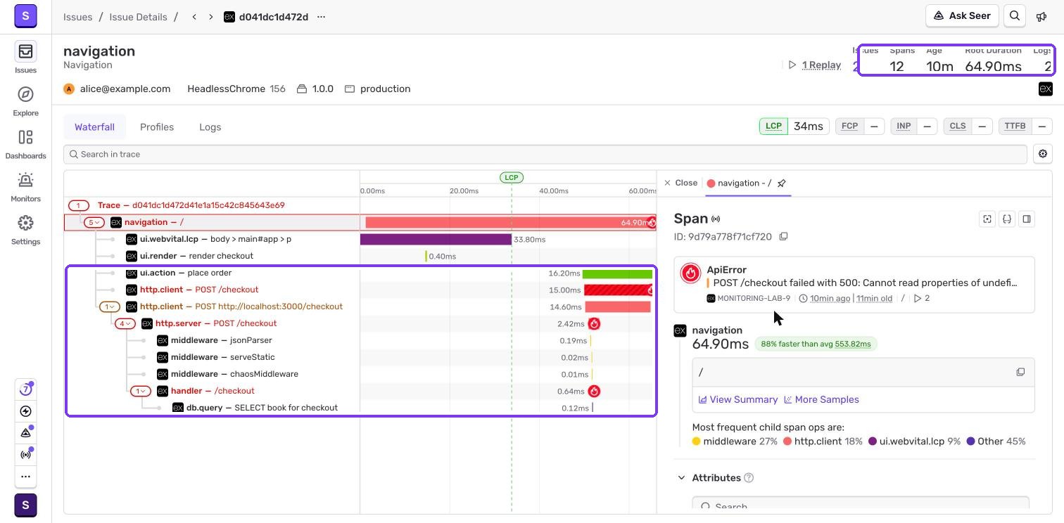 Sentry trace from the browser click to the database query