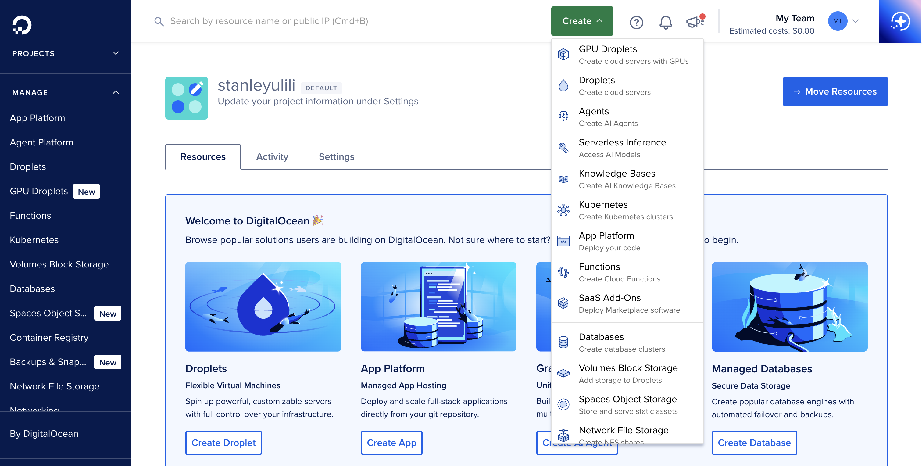 DigitalOcean Droplet detail page showing CPU usage graph, bandwidth chart, and sidebar navigation with Snapshots, Backups, Networking, and Resize options