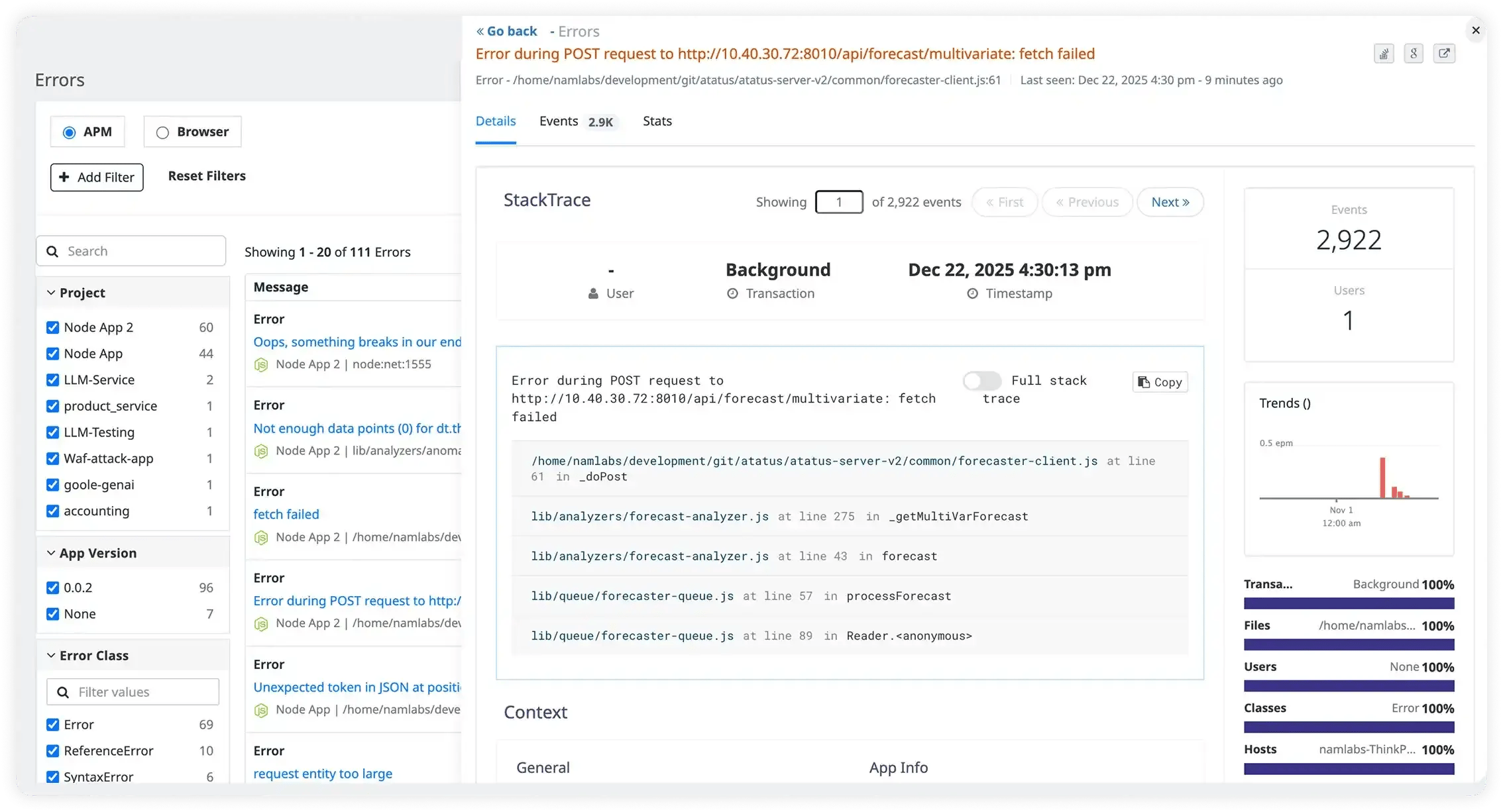 SCREENSHOT: Atatus crash detection / error tracking dashboard