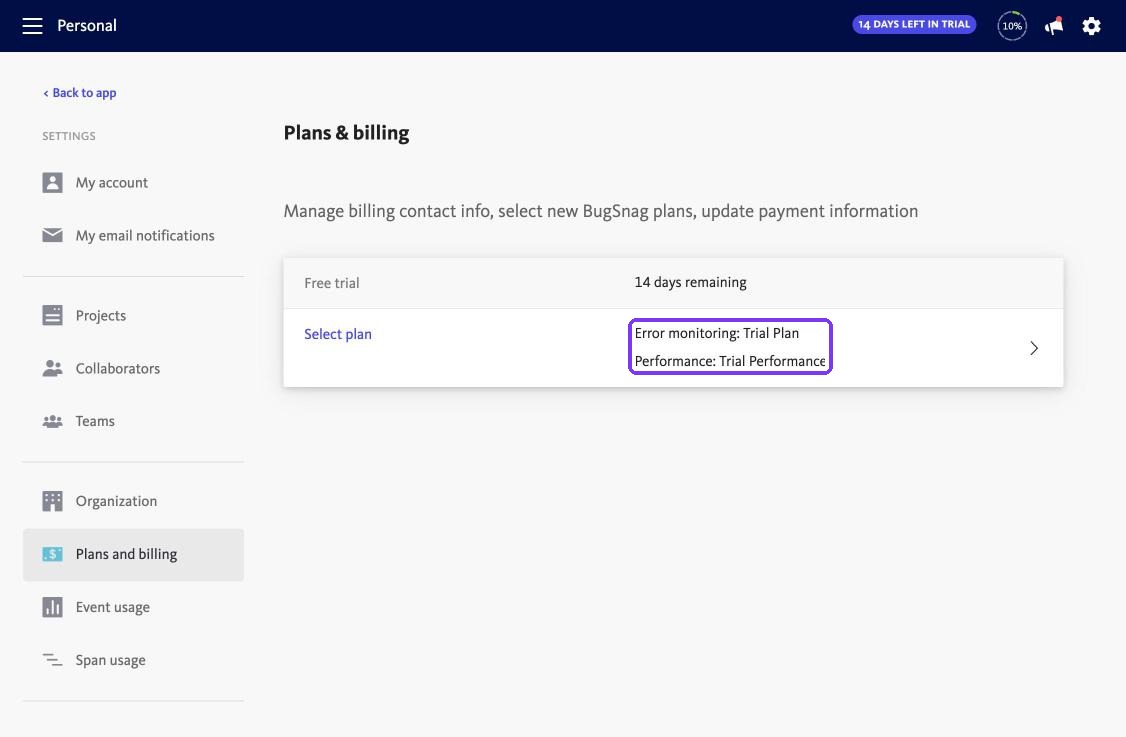 BugSnag plans page during the trial
