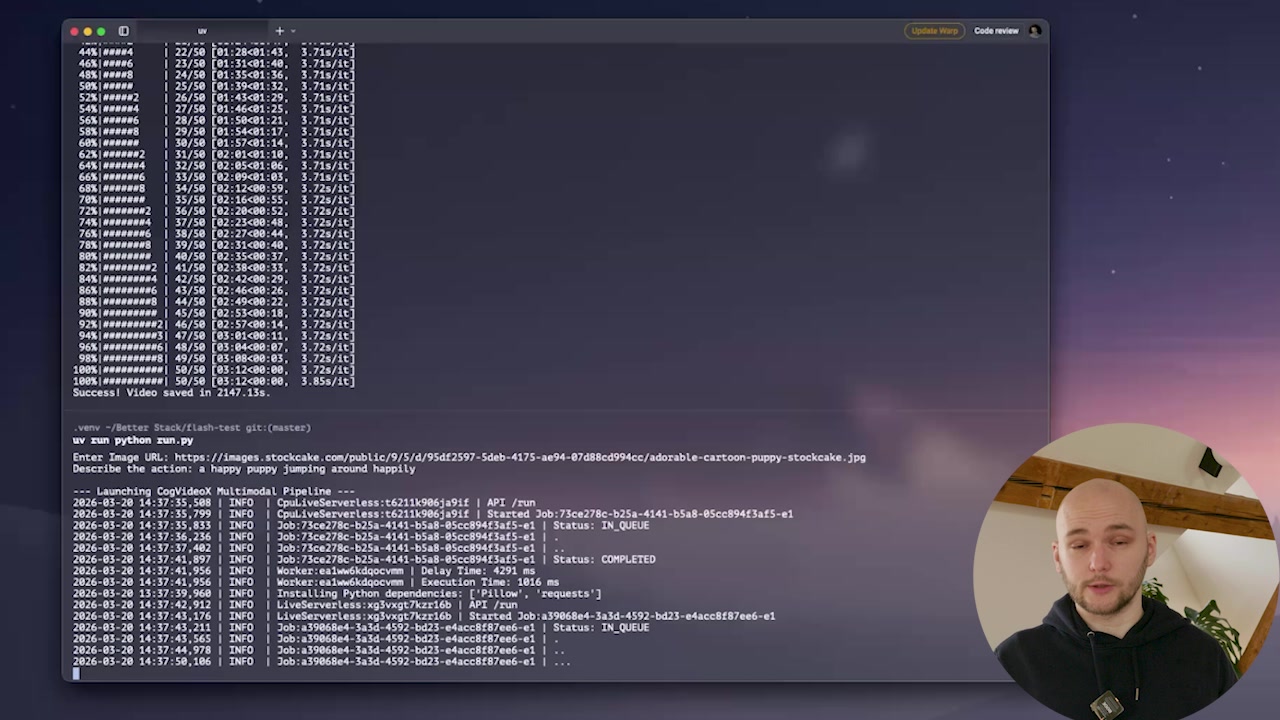 Terminal window streaming live progress logs from the Runpod Flash execution
