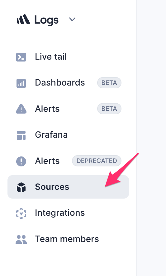 Screenshot of Better Stack navigation with the "sources" link pointed at