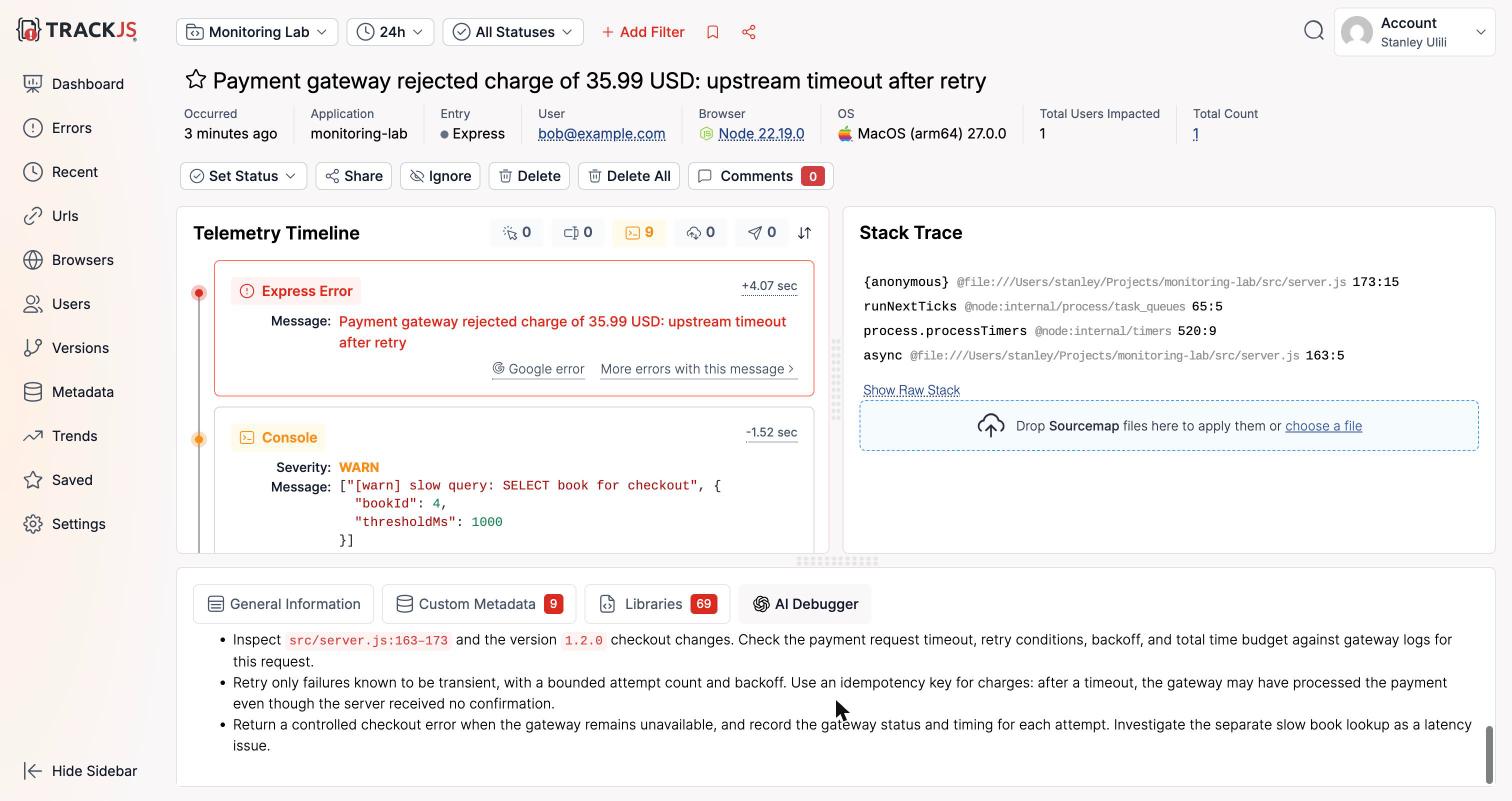 TrackJS AI Debugger fix suggestions