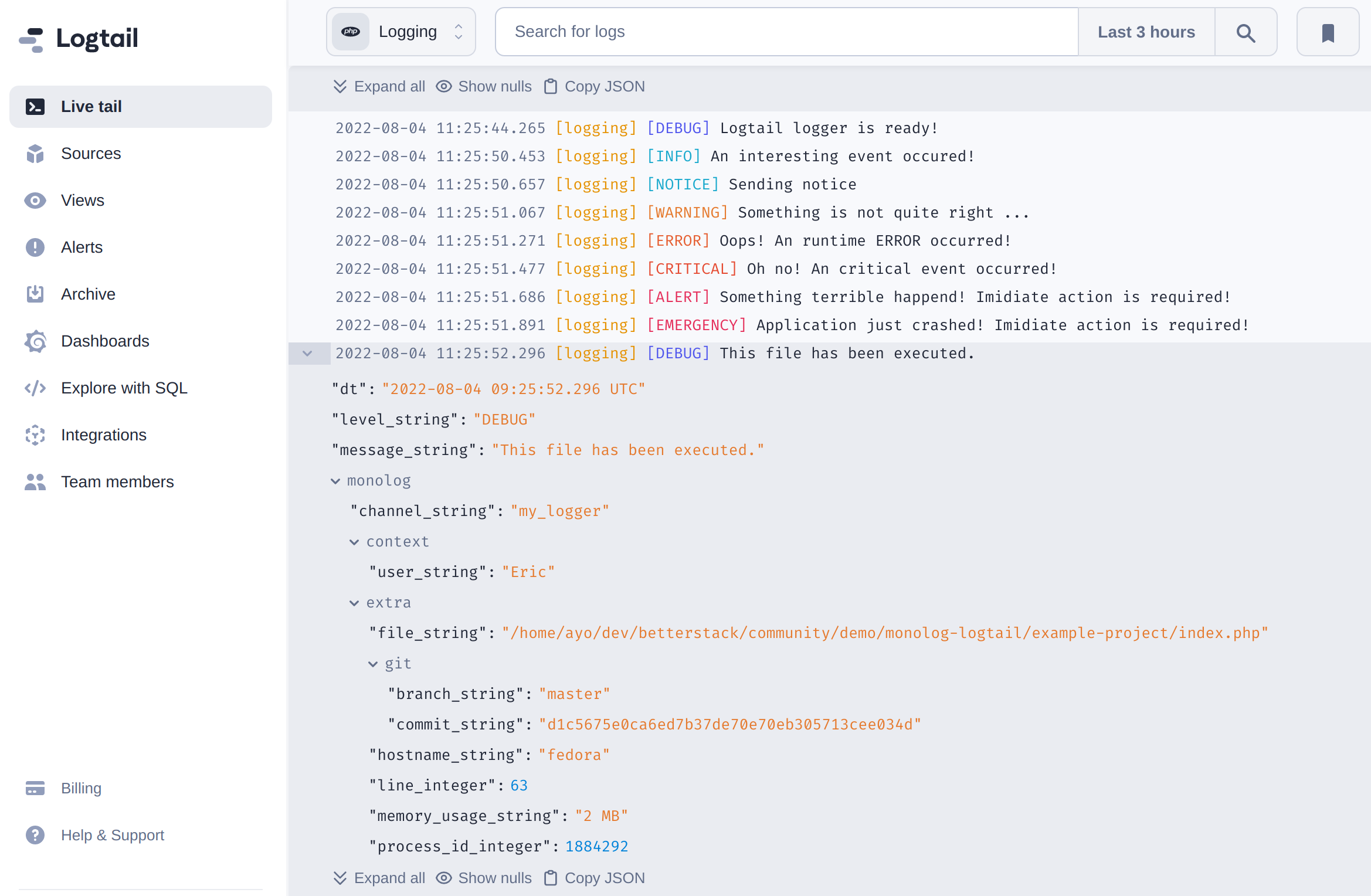 Screenshot of Logtail showing context in log
entry