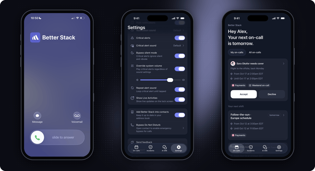 Better Stack iOS app: an incoming Better Stack alert call, phone call and critical alert settings, and a teammate's cover request