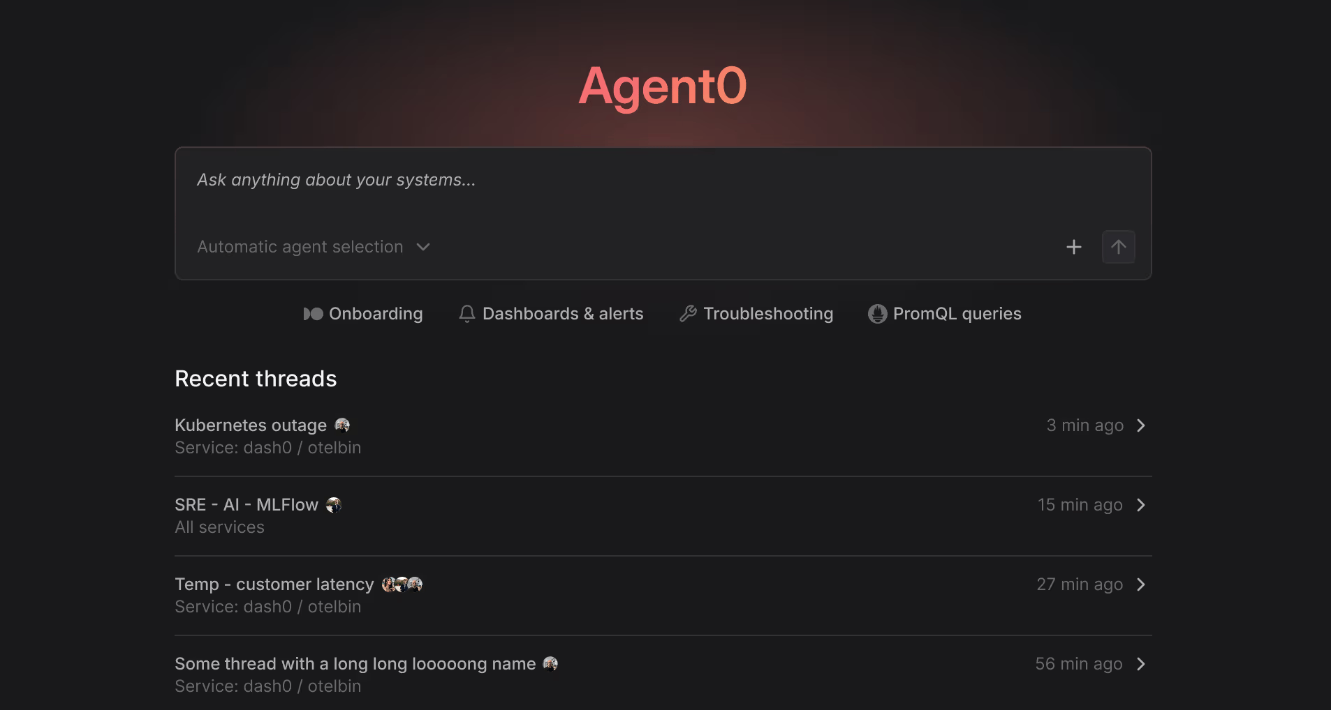 SCREENSHOT: Dash0 Agent0 guild showing the six specialized agents