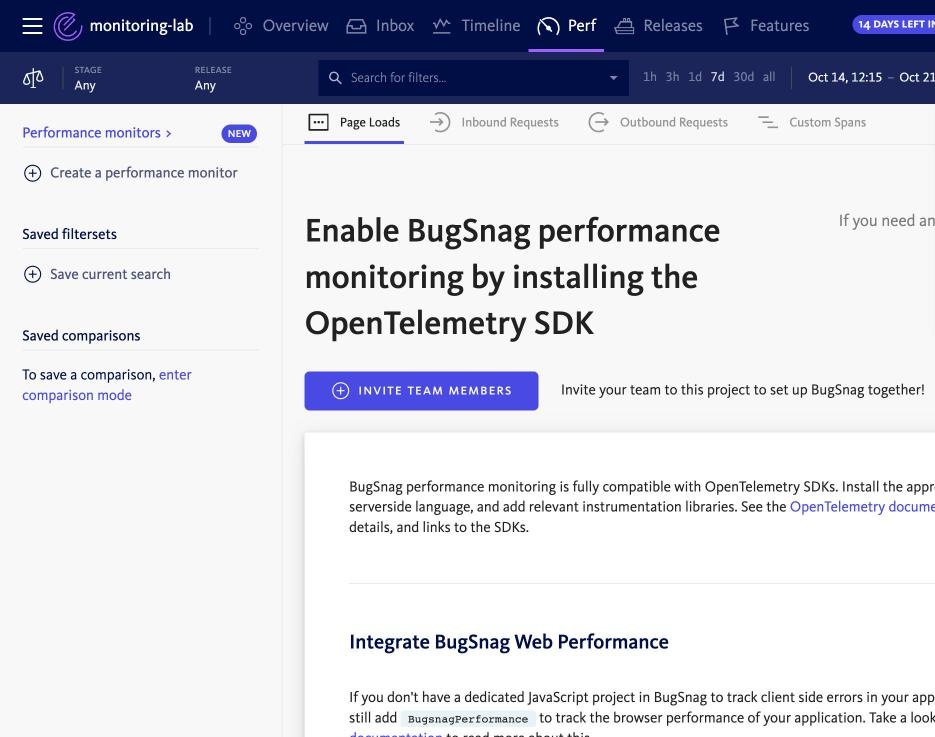 BugSnag Perf tab asking for the OpenTelemetry SDK