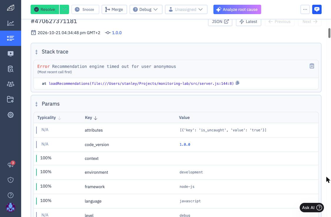 Rollbar promise rejection logged at debug level