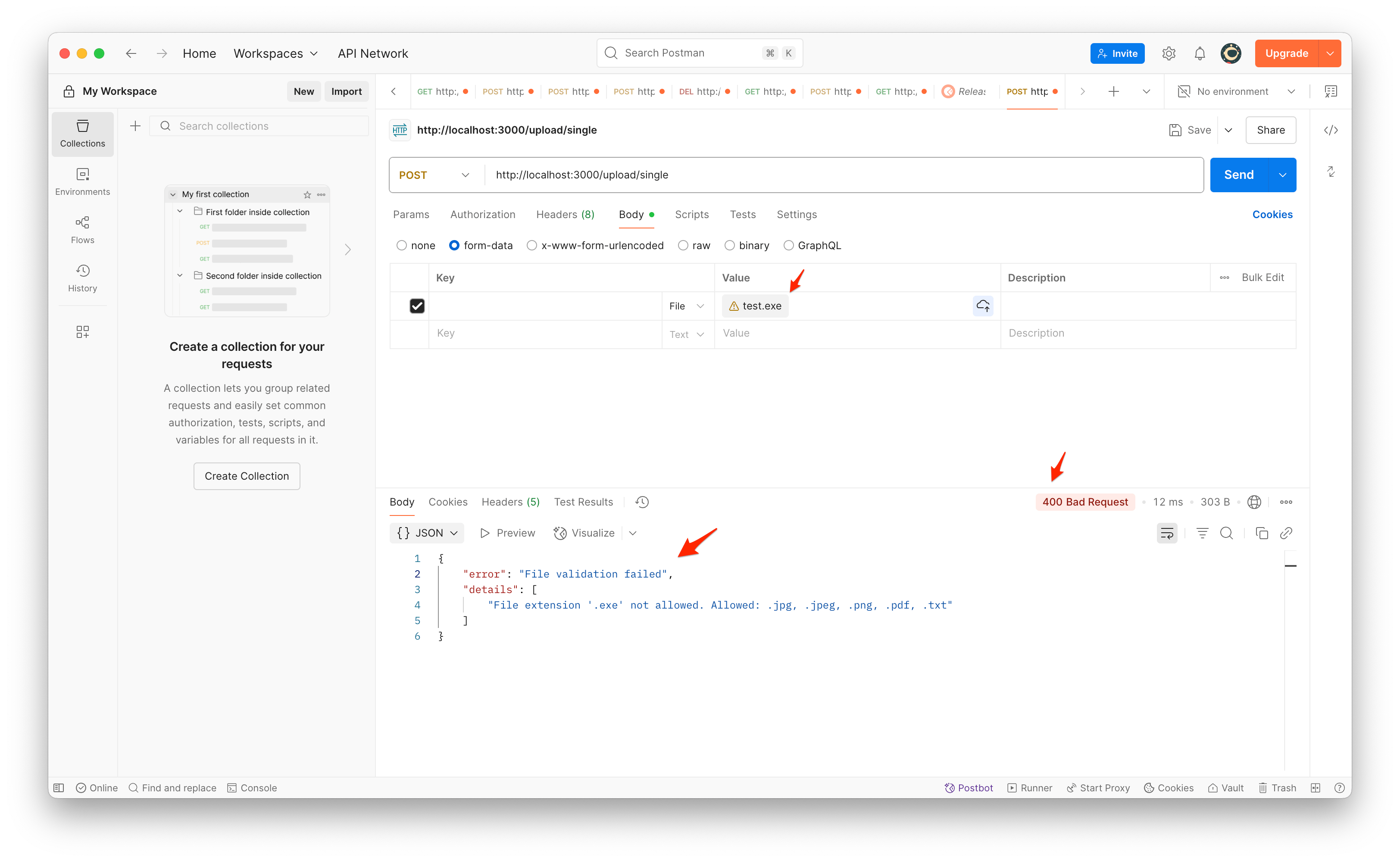 Screenshot showing Postman displaying the validation error response when uploading an invalid file type