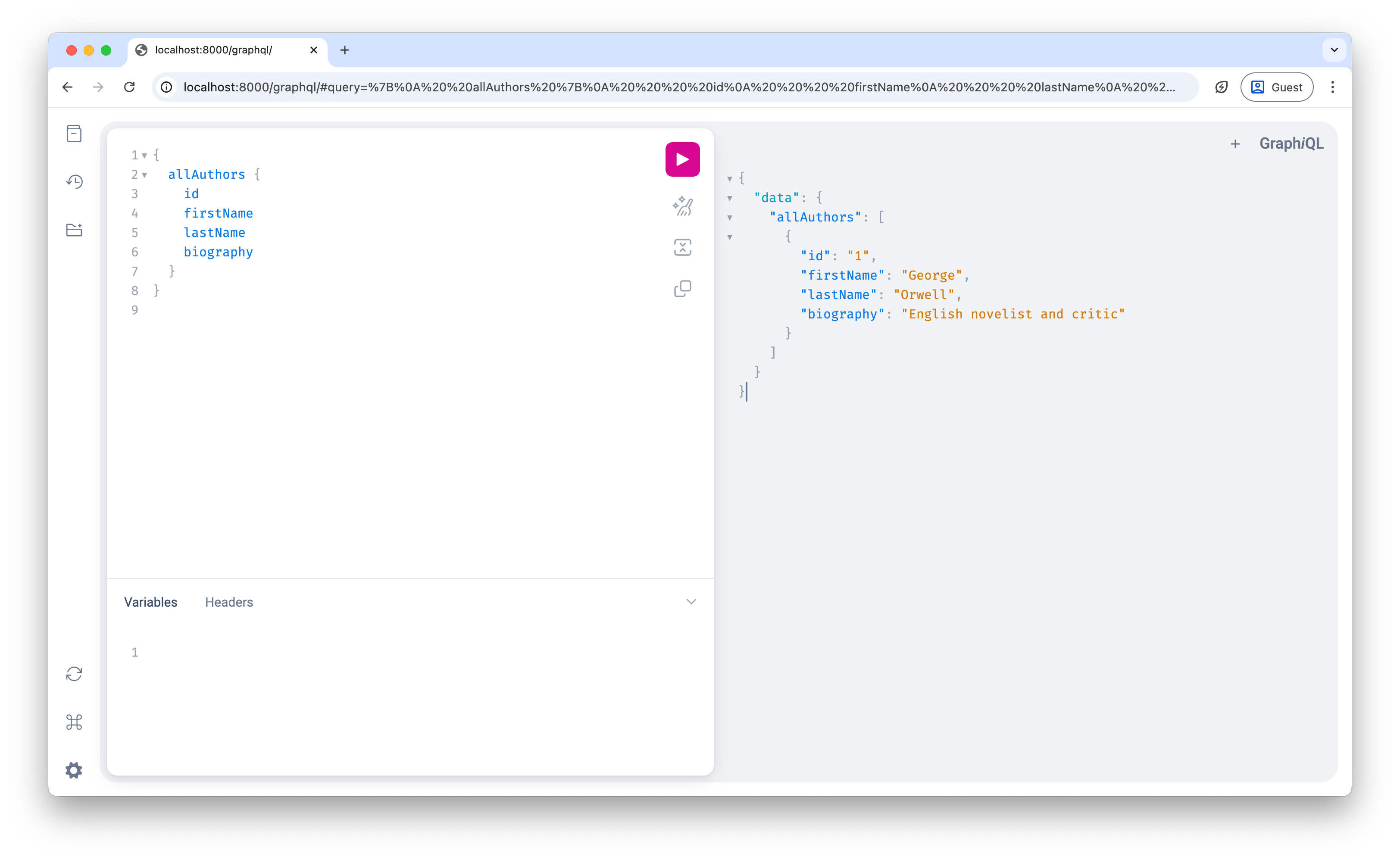 Screenshot showing the all authors query results in GraphiQL