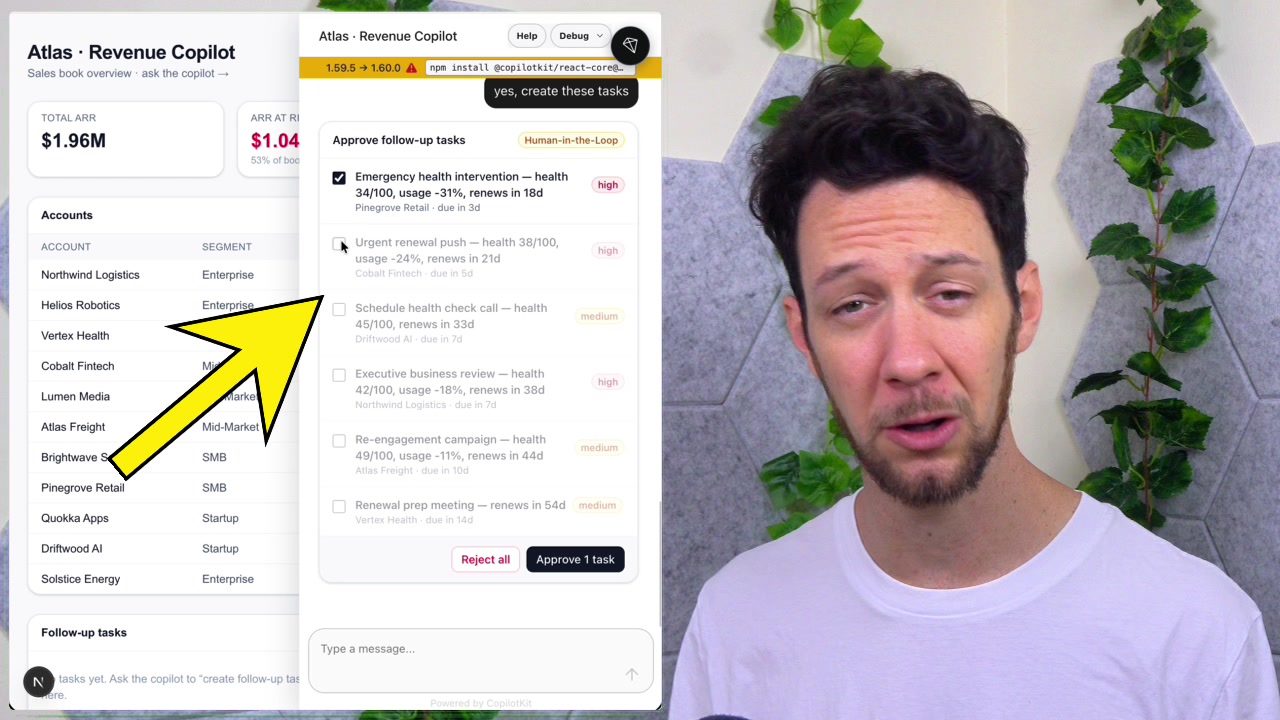 Approve follow-up tasks component with checkboxes allowing selective approval of proposed actions
