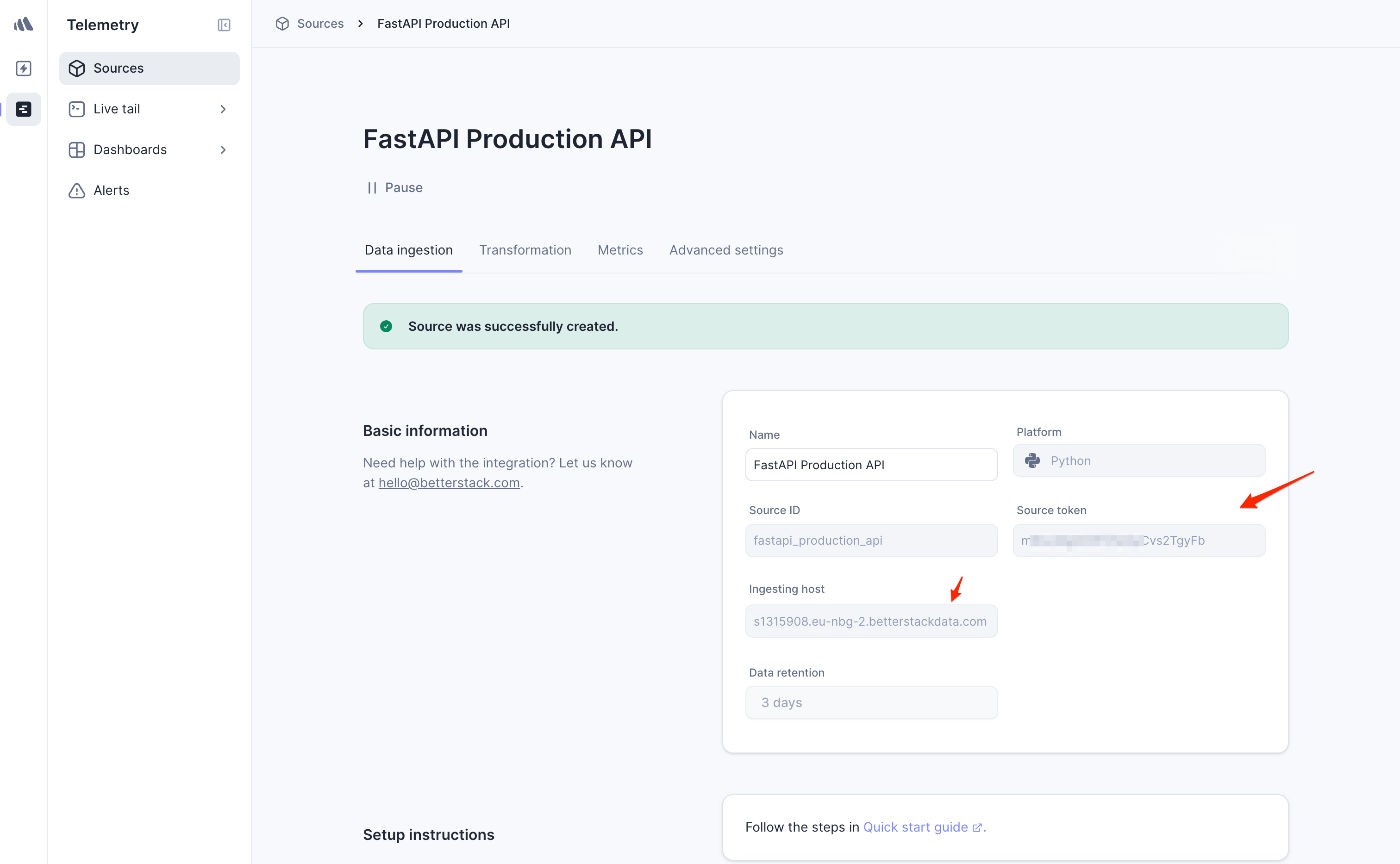 Screenshot of source token and host