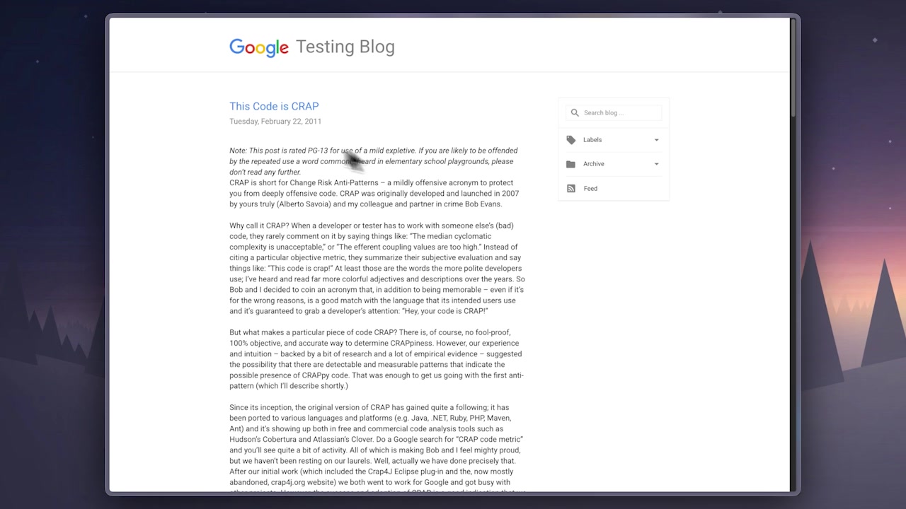 Screenshot of the original Google Testing Blog post titled "This Code is CRAP" introducing the metric