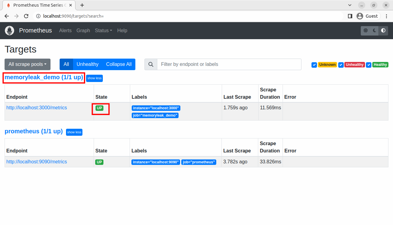 Screenshot of Prometheus confirming that it can monitor the endpoint of your app