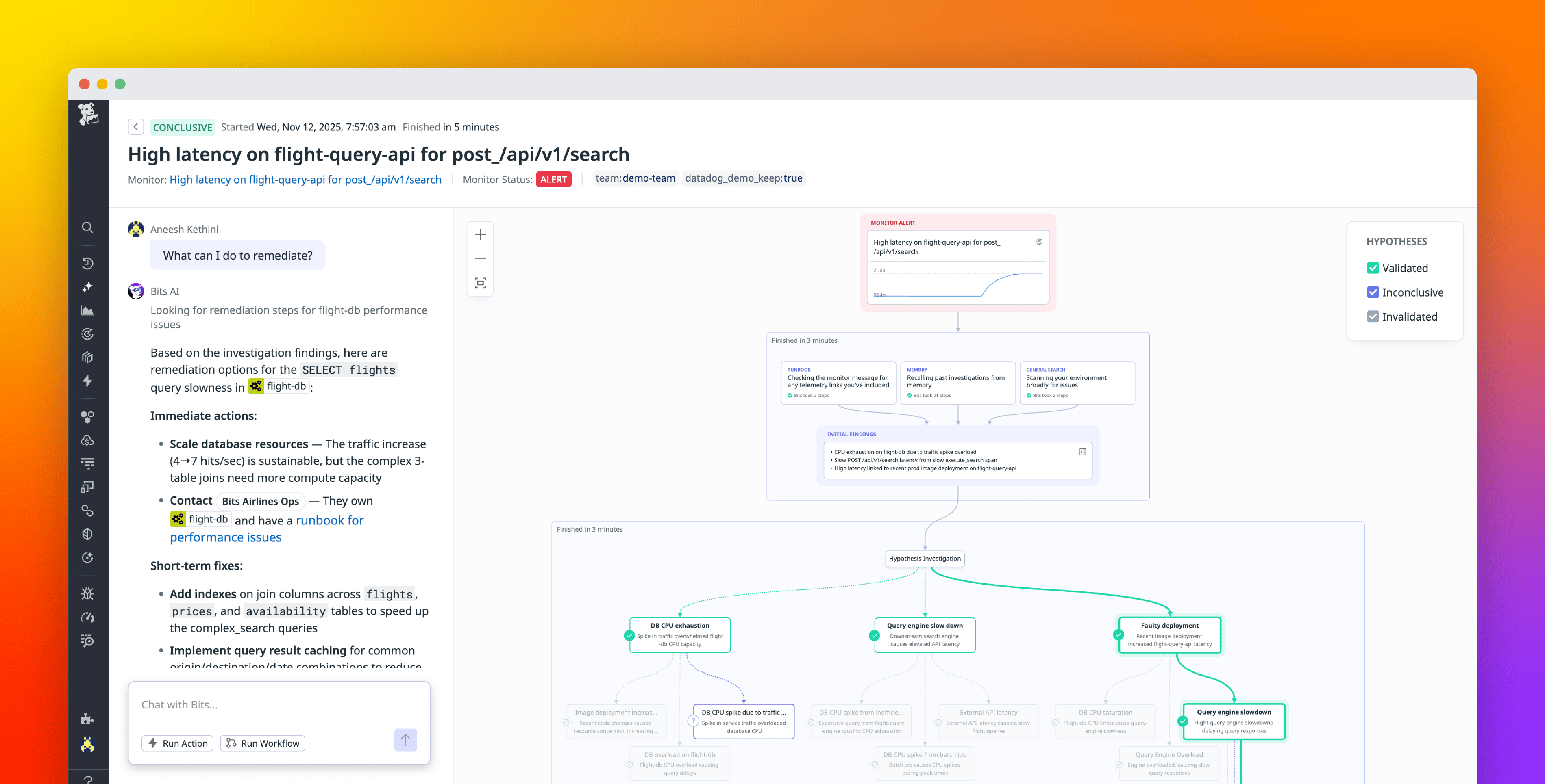 Datadog Bits AI SRE investigation interface showing the autonomous root cause analysis panel with hypothesis chain and Agent Trace reasoning view