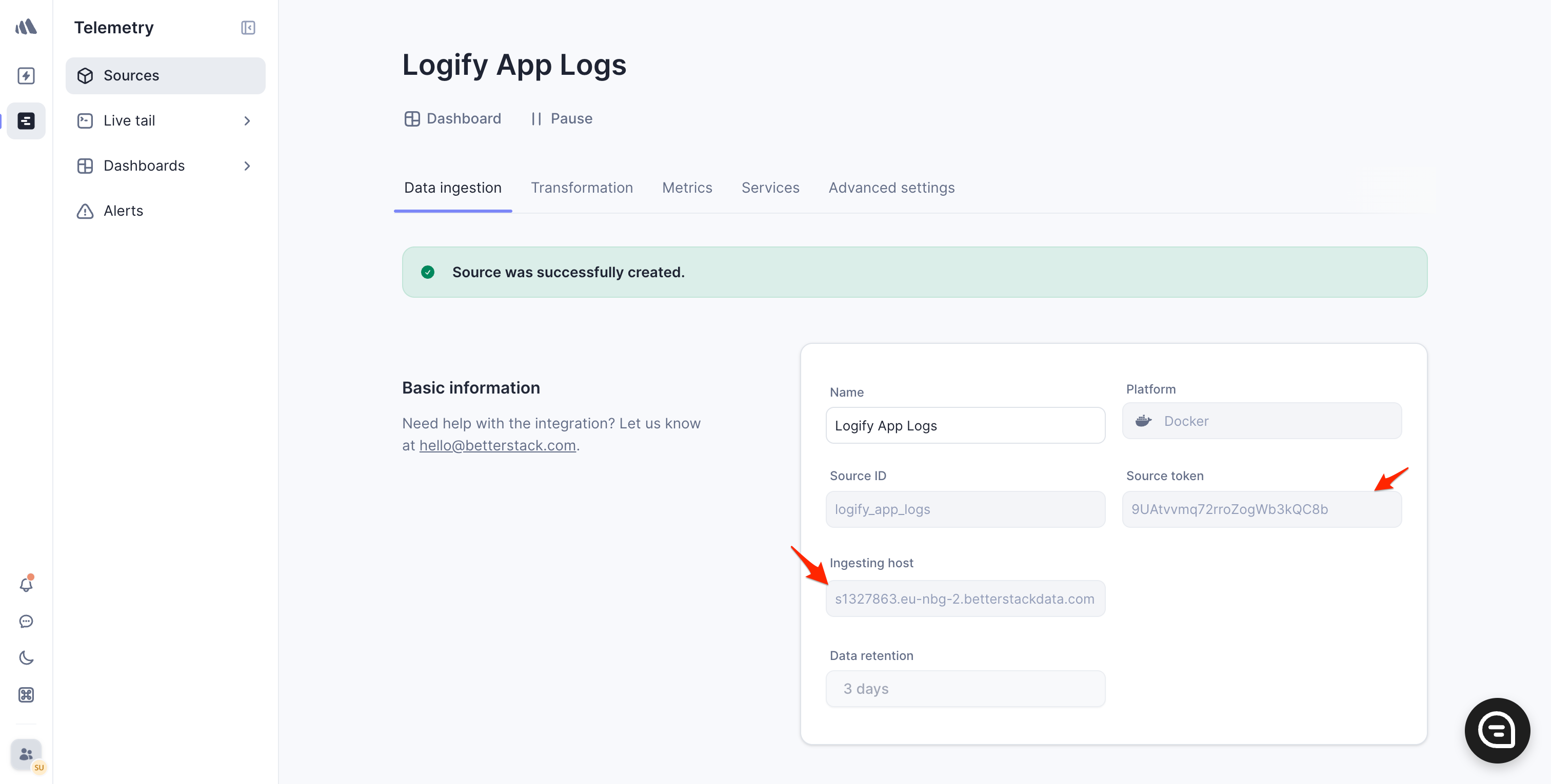 Screenshot of Better Stack page with an arrow pointing to the "Source Token"  and "injection host" fields