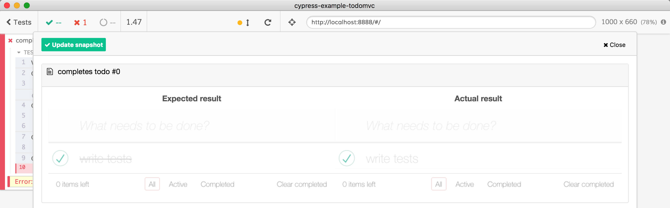 Screenshot of Visual Testing in Cypress