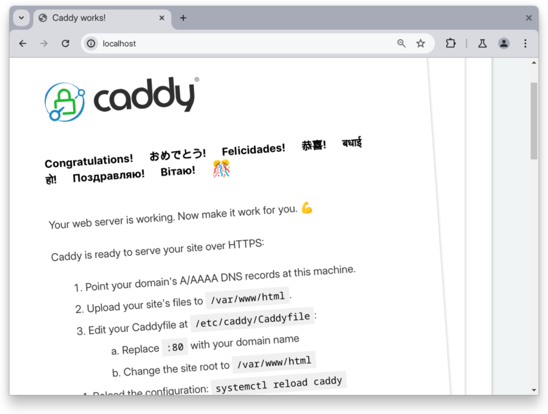The default Caddy Works! page